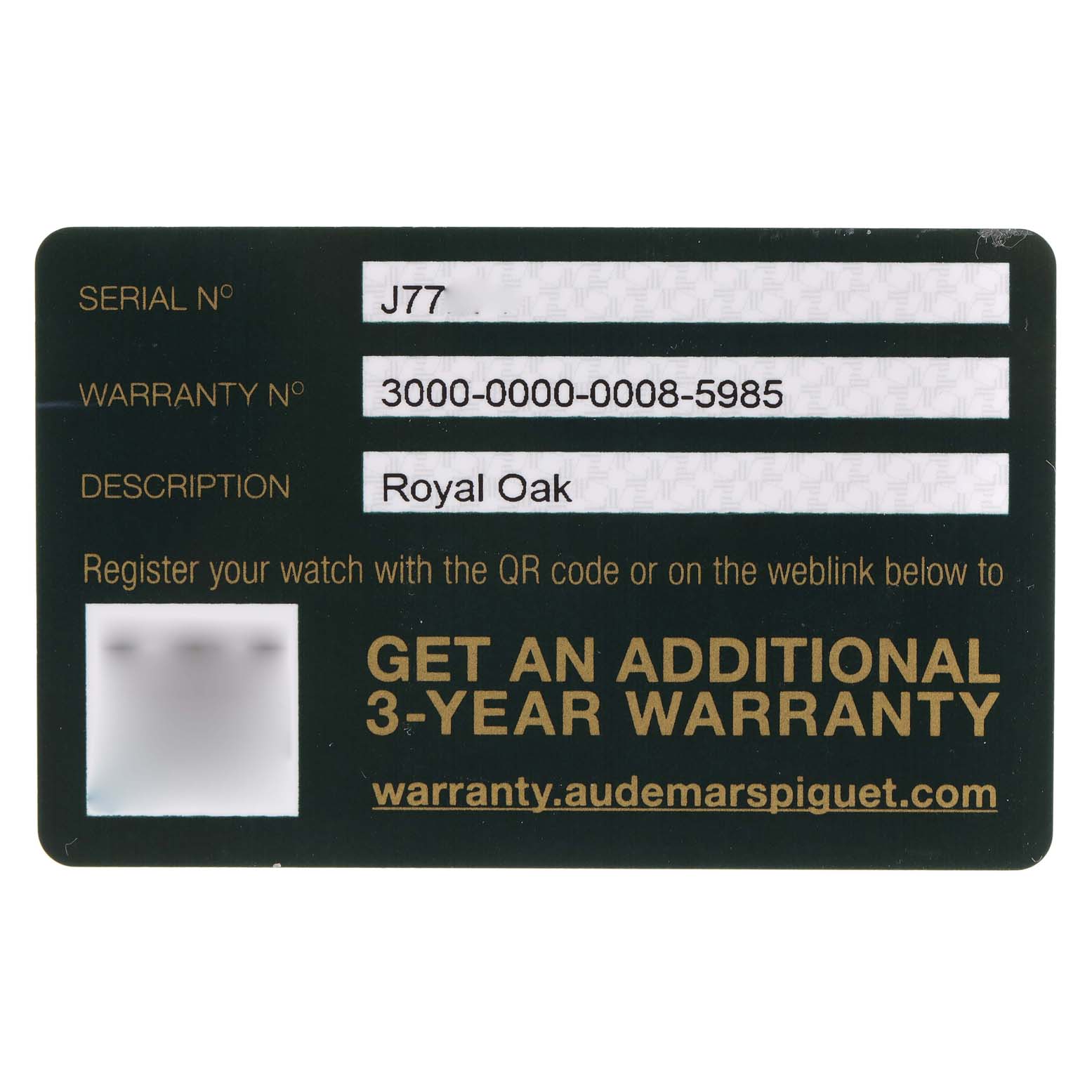 The image shows the warranty card for a Royal Oak model by Audemars Piguet.