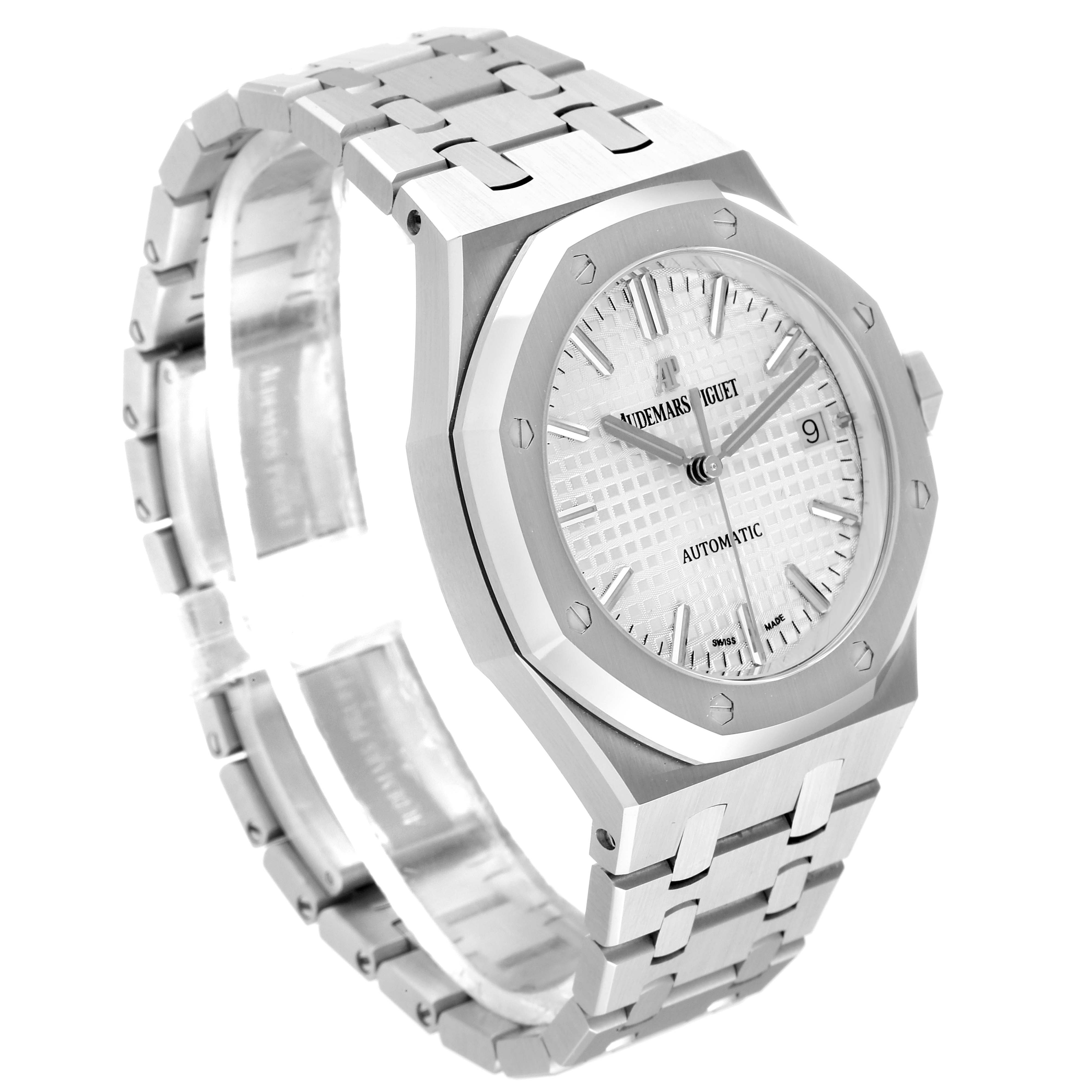 This Audemars Piguet Royal Oak 15450ST.OO.1256ST.01 Men
s Stainless Steel Silver Dial 15450ST.OO.1256ST.01 Men
s Stainless Steel Silver Dial watch is shown at a three-quarter angle, highlighting the dial, bezel, and bracelet.