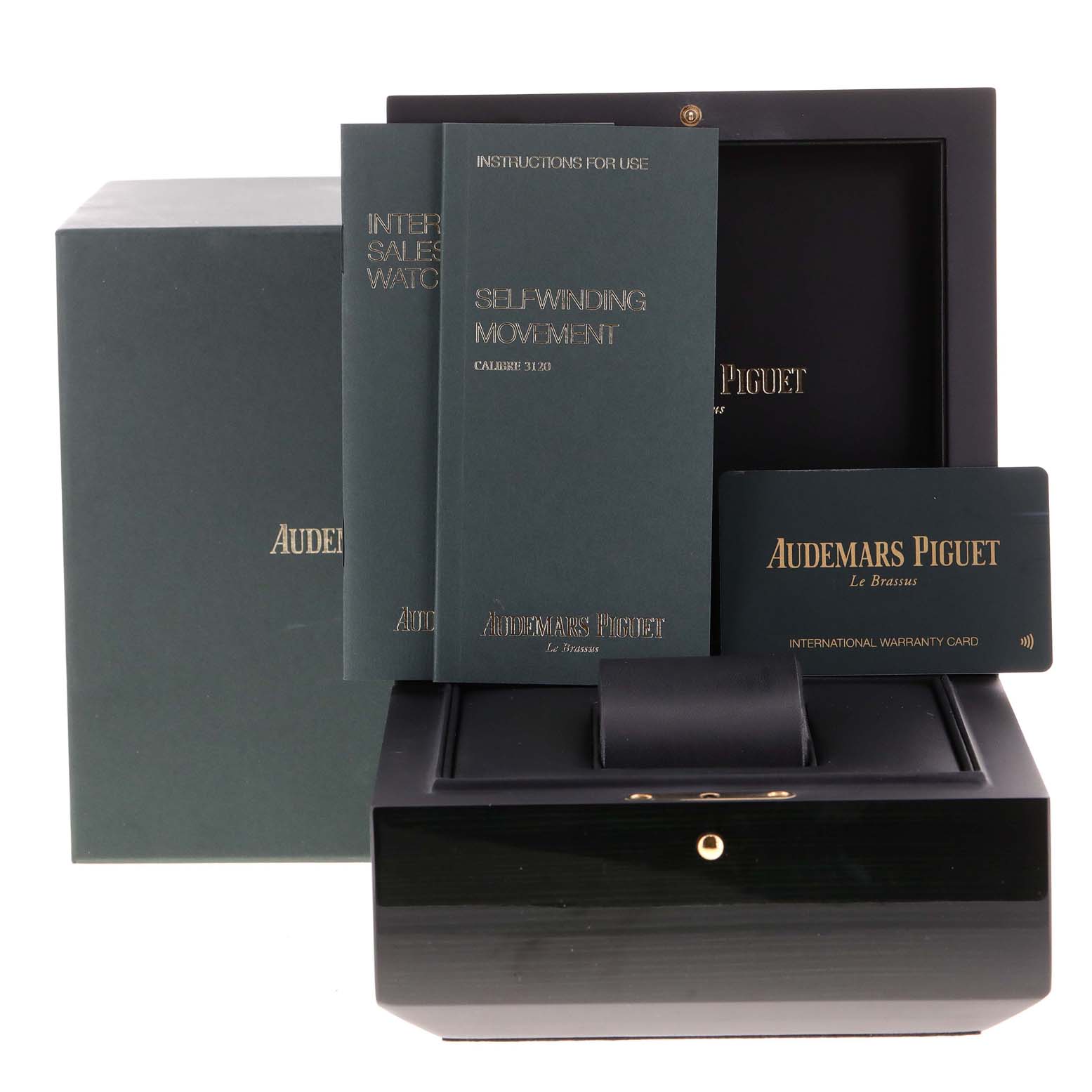 This image shows the packaging, warranty card, and manuals for the Audemars Piguet Royal Oak 15450ST.OO.1256ST.01 Men
s Stainless Steel Silver Dial 15450ST.OO.1256ST.01 Men
s Stainless Steel Silver Dial watch model.