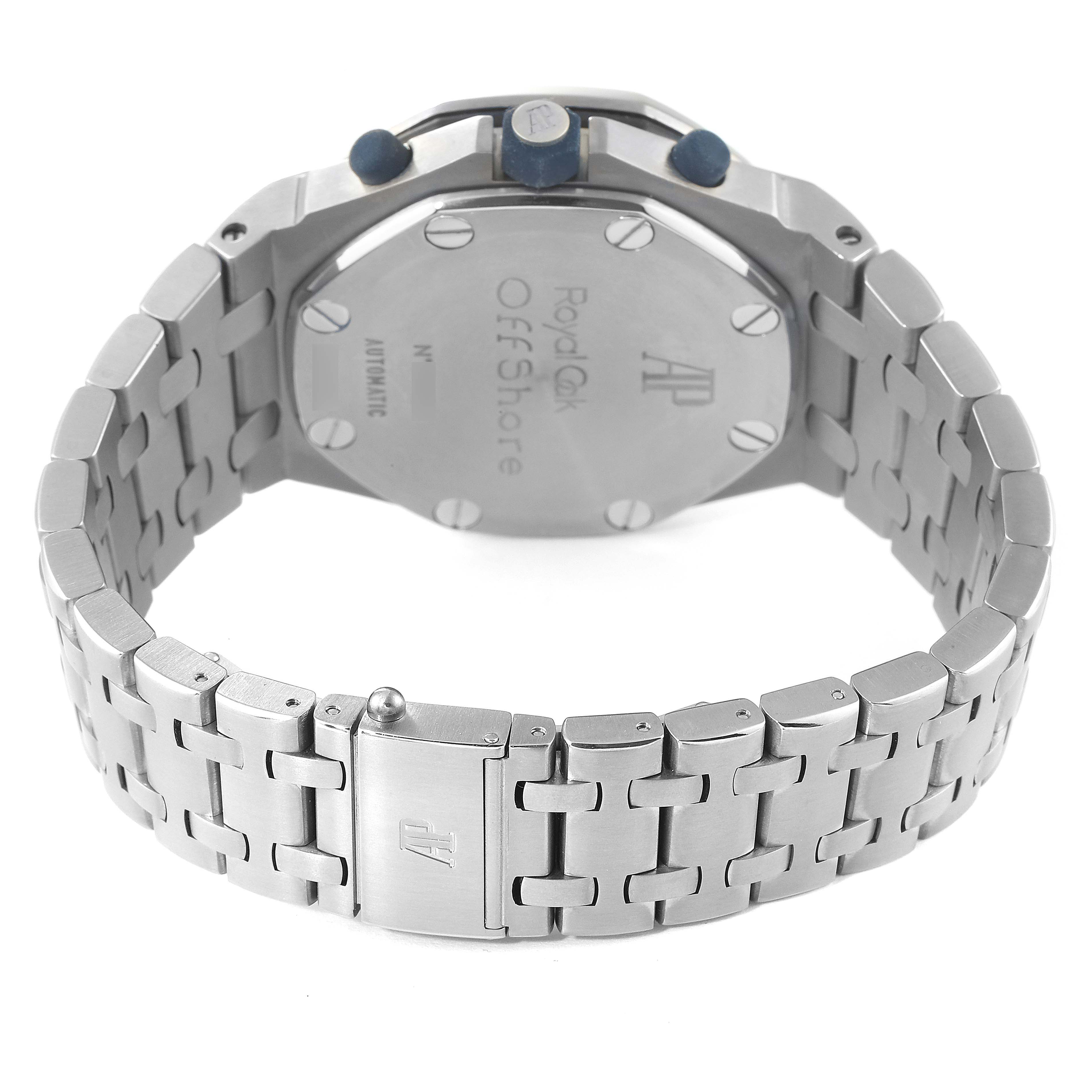 This image shows the back and bracelet of an Audemars Piguet Royal Oak Offshore 25721TI.O.1000TI.01 Men's Titanium Grey Dial 25721TI.O.1000TI.01 Men's Titanium Grey Dial watch.