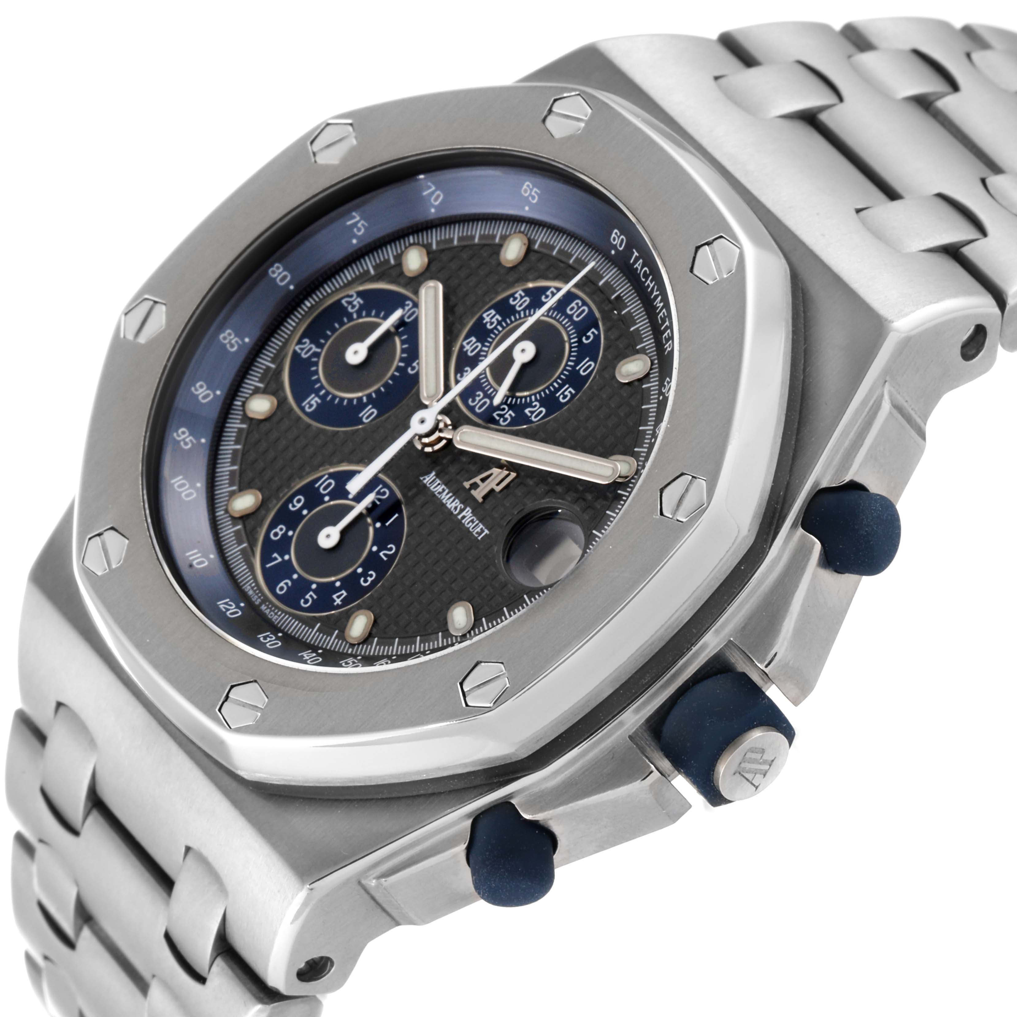 The image shows a close-up angle of the Audemars Piguet Royal Oak Offshore 25721TI.O.1000TI.01 Men's Titanium Grey Dial 25721TI.O.1000TI.01 Men's Titanium Grey Dial watch, highlighting the case, dial, chronograph subdials, and part of the bracelet.