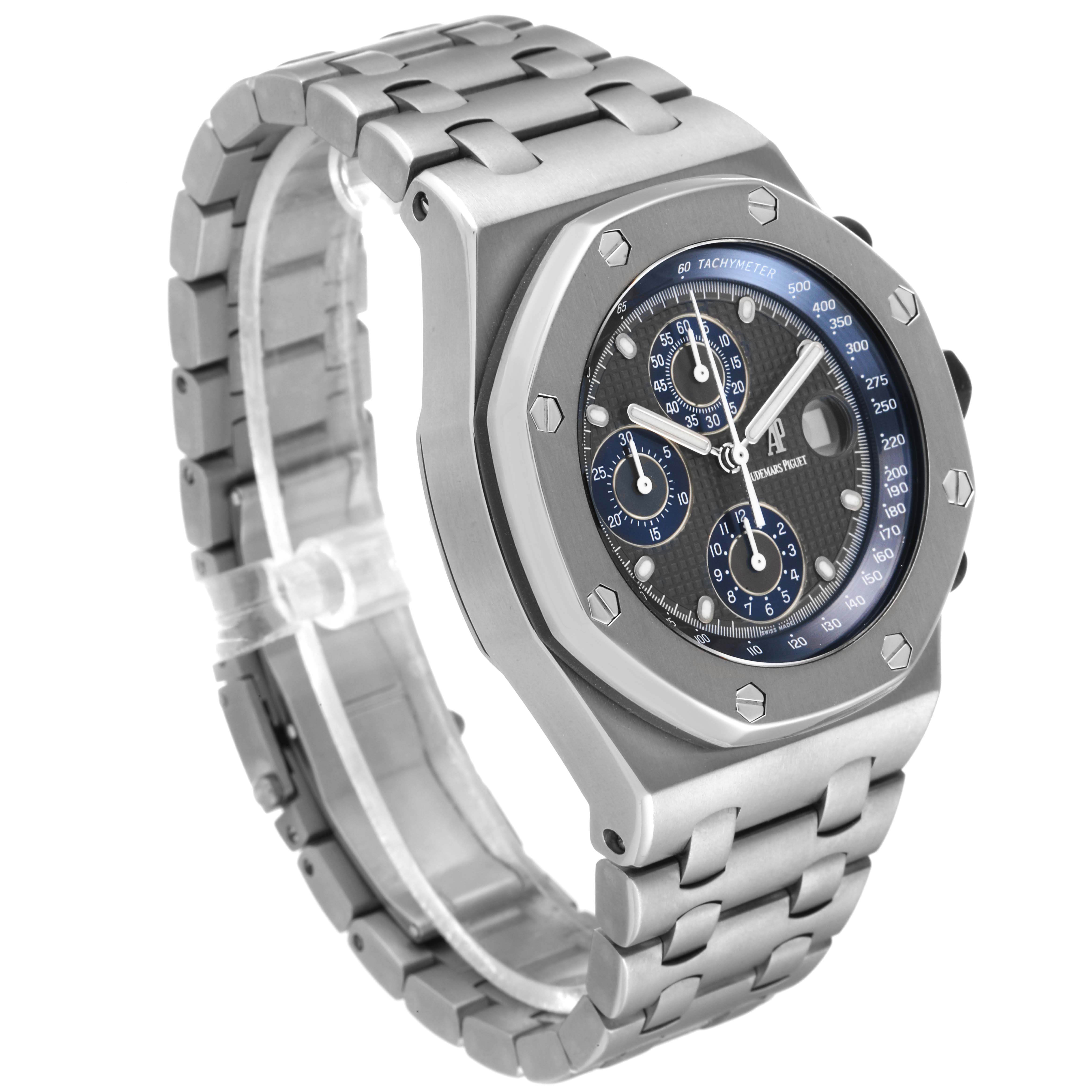 This image shows a side angle of the Audemars Piguet Royal Oak Offshore 25721TI.O.1000TI.01 Men's Titanium Grey Dial 25721TI.O.1000TI.01 Men's Titanium Grey Dial watch, highlighting the metal bracelet, bezel, and chronograph dial.