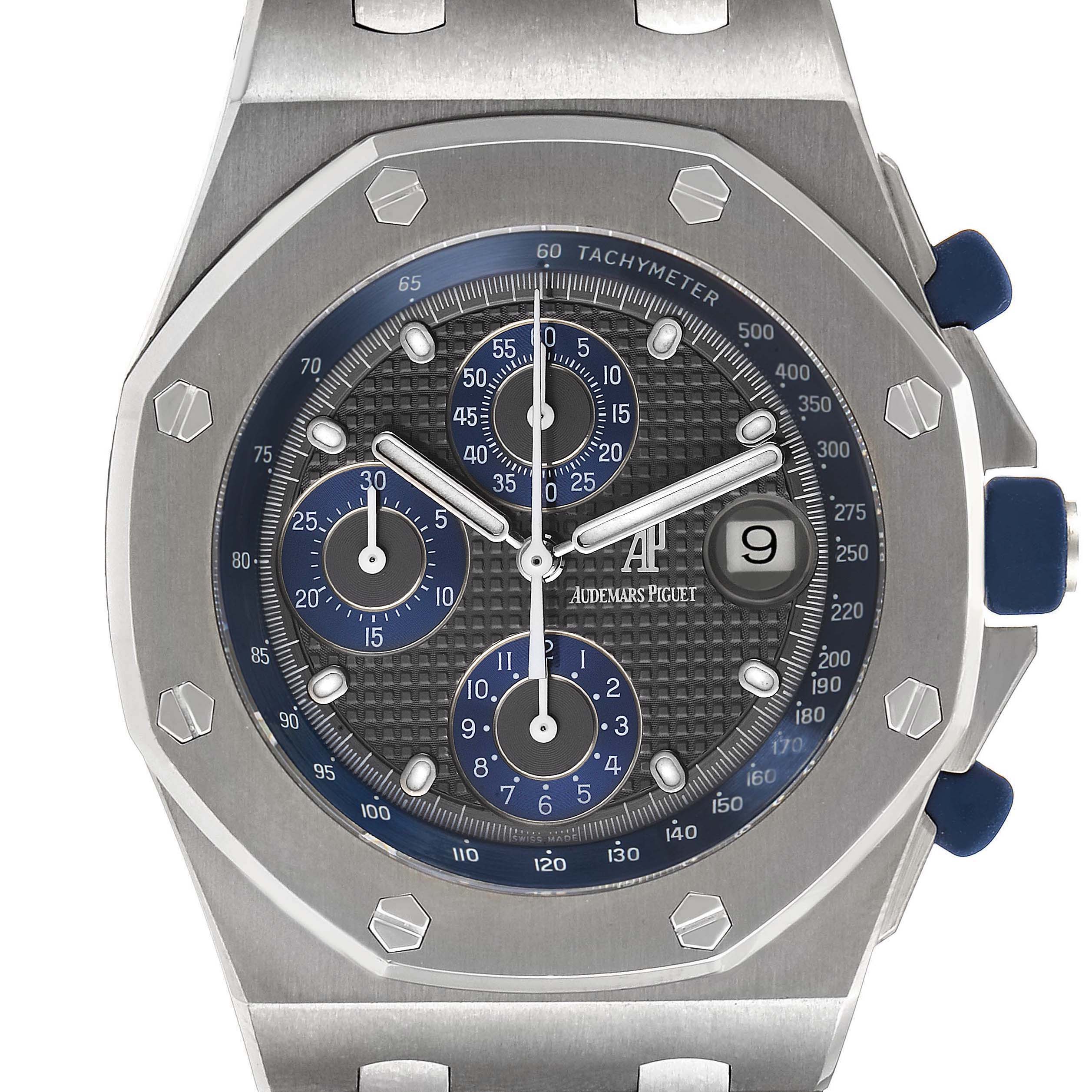 This image shows a front view of the Audemars Piguet Royal Oak Offshore 25721TI.O.1000TI.01 Men's Titanium Grey Dial 25721TI.O.1000TI.01 Men's Titanium Grey Dial watch displaying the dial, tachymeter, and subdials.