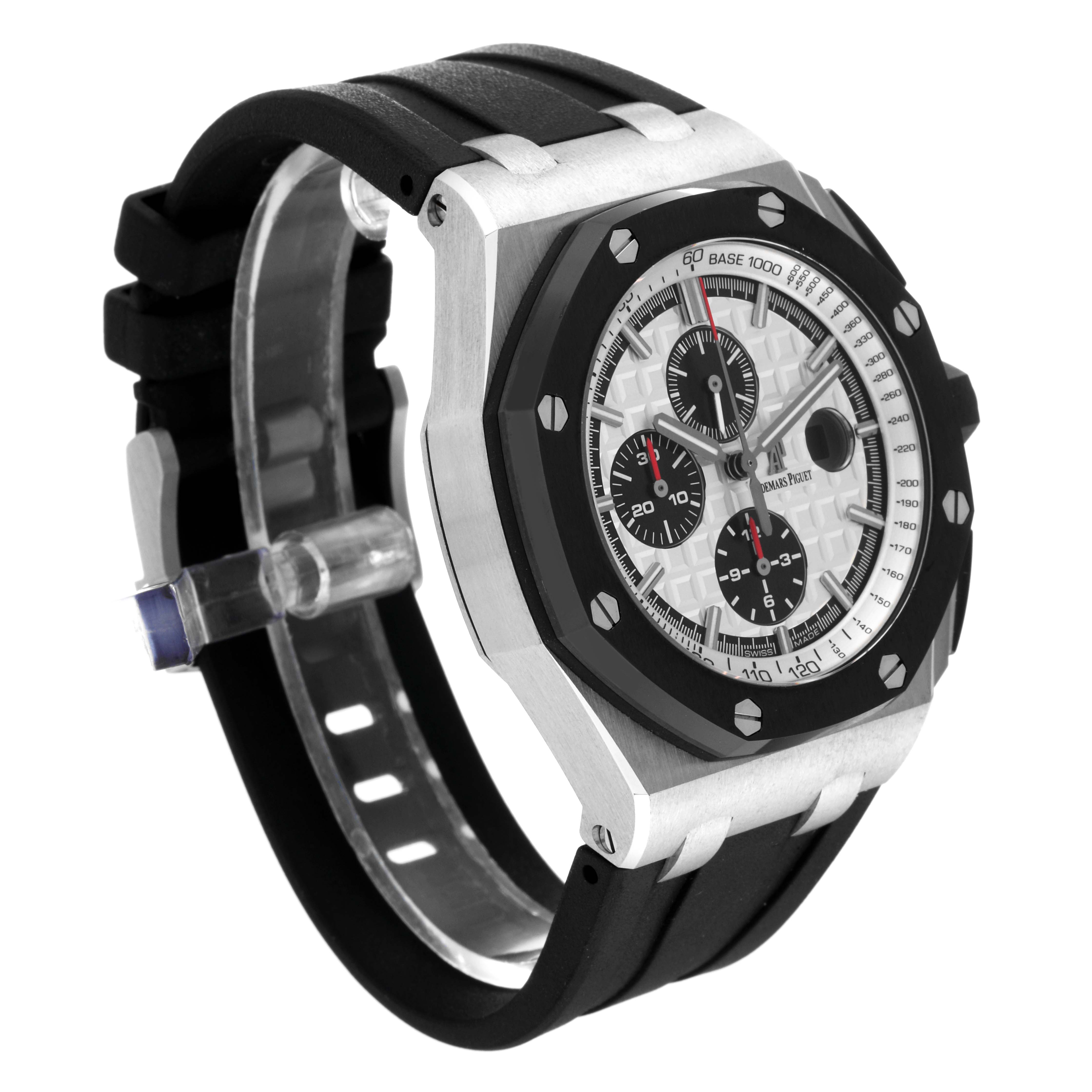 This image shows a side angle of the Audemars Piguet Royal Oak Offshore 26400SO.OO.A002CA.01 Men's Stainless Steel Silver Dial 26400SO.OO.A002CA.01 Men's Stainless Steel Silver Dial watch, highlighting the case, bezel, dial, and strap.