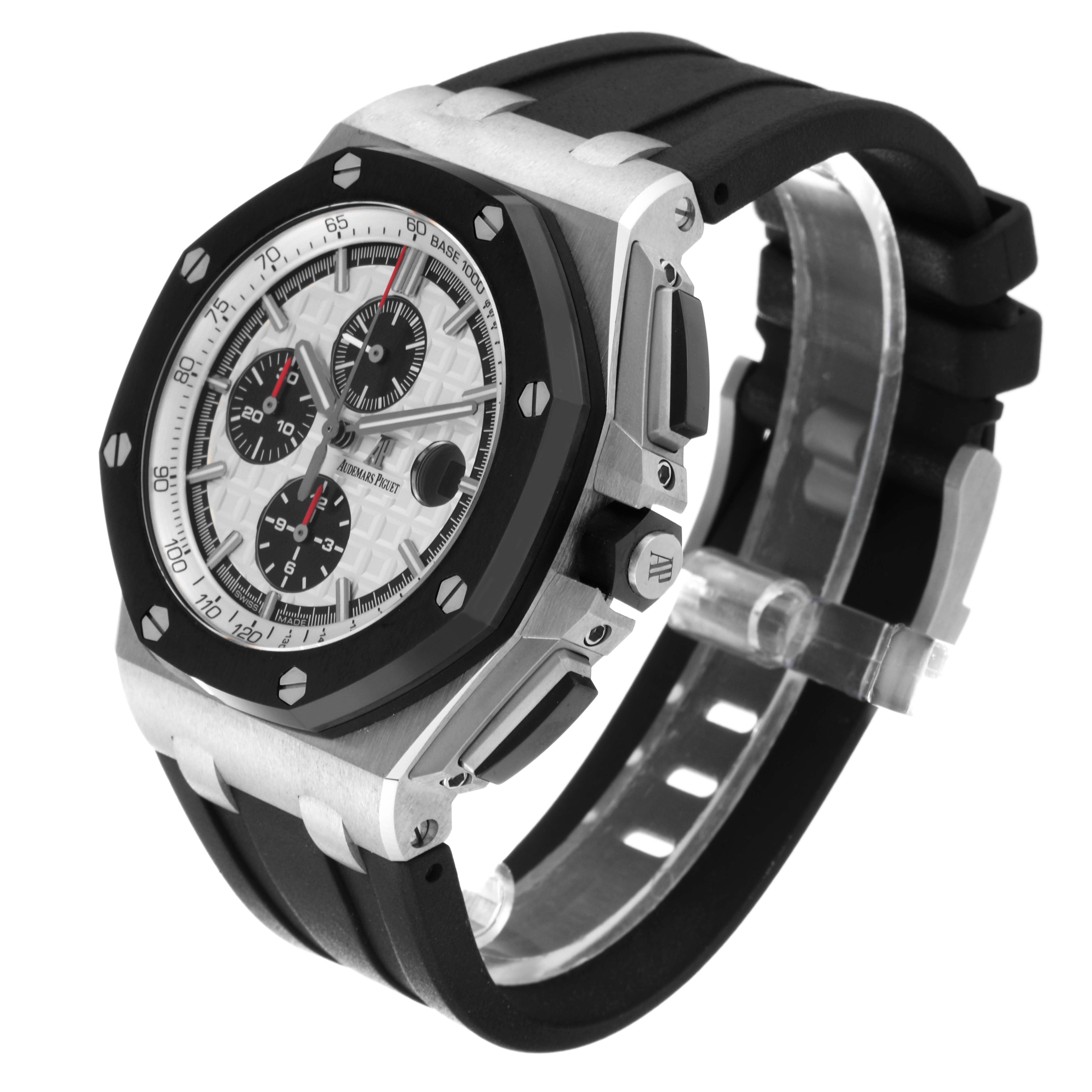 This image shows an Audemars Piguet Royal Oak Offshore 26400SO.OO.A002CA.01 Men's Stainless Steel Silver Dial 26400SO.OO.A002CA.01 Men's Stainless Steel Silver Dial watch from an angled side view, highlighting the bezel, dial, and strap.