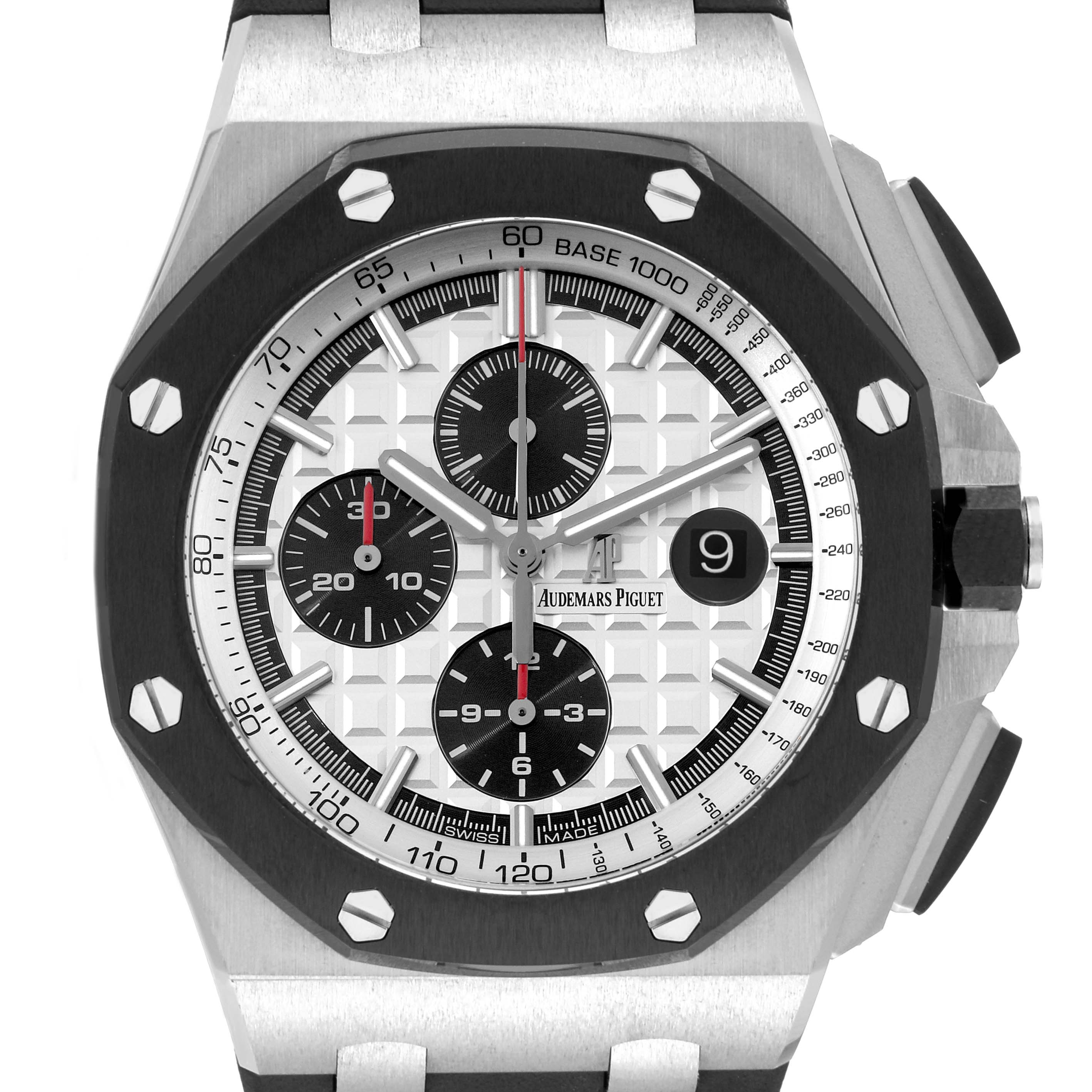 The image shows a front view of the Audemars Piguet Royal Oak Offshore 26400SO.OO.A002CA.01 Men's Stainless Steel Silver Dial 26400SO.OO.A002CA.01 Men's Stainless Steel Silver Dial watch, highlighting the dial and bezel.