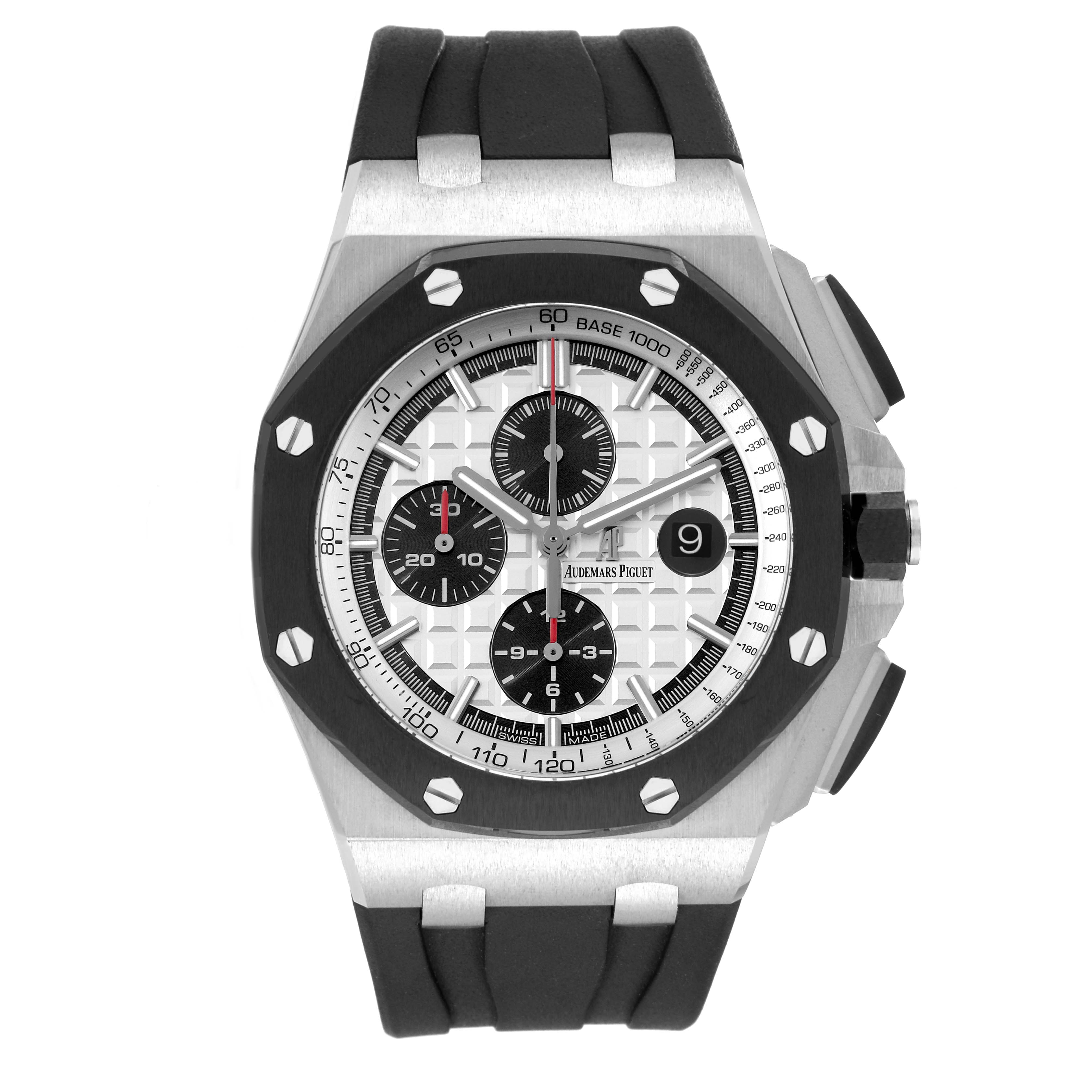 The image shows a frontal view of the Audemars Piguet Royal Oak Offshore 26400SO.OO.A002CA.01 Men's Stainless Steel Silver Dial 26400SO.OO.A002CA.01 Men's Stainless Steel Silver Dial watch, displaying its dial, bezel, strap, and chronograph subdials.