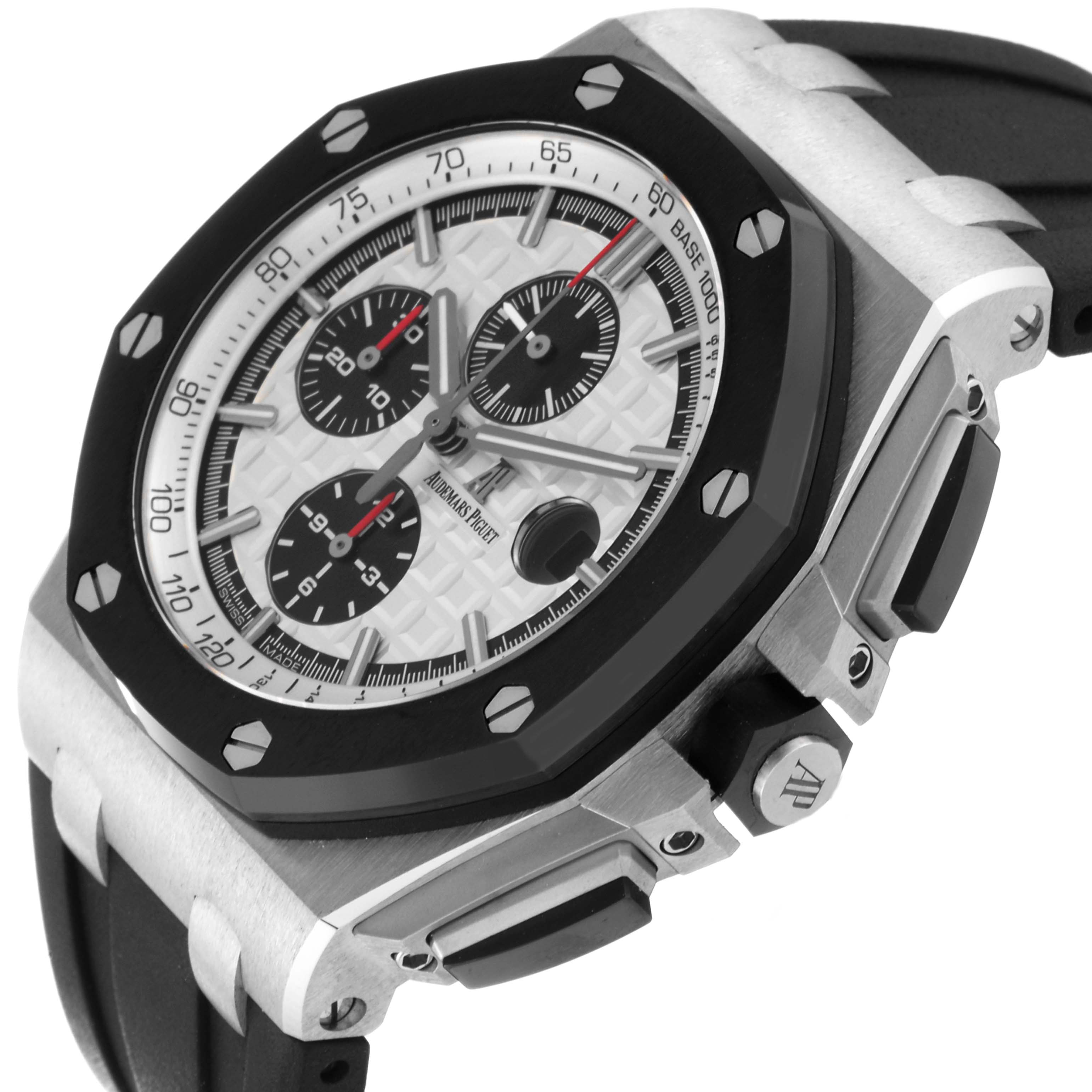 The image shows a side angle of the Audemars Piguet Royal Oak Offshore 26400SO.OO.A002CA.01 Men's Stainless Steel Silver Dial 26400SO.OO.A002CA.01 Men's Stainless Steel Silver Dial, showcasing the dial, bezel, and strap.