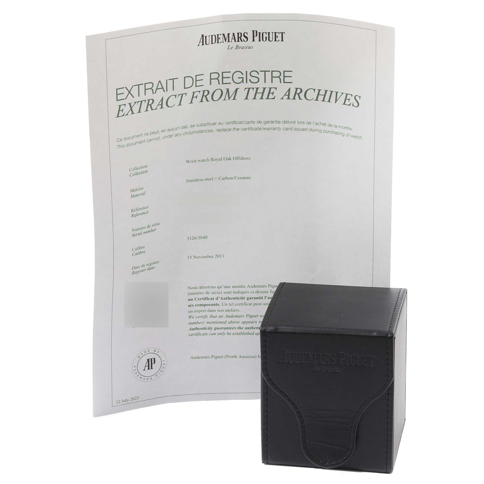 The image shows an extract from the archives document and the watch box for the Audemars Piguet Royal Oak Offshore 26400SO.OO.A002CA.01 Men's Stainless Steel Silver Dial 26400SO.OO.A002CA.01 Men's Stainless Steel Silver Dial.