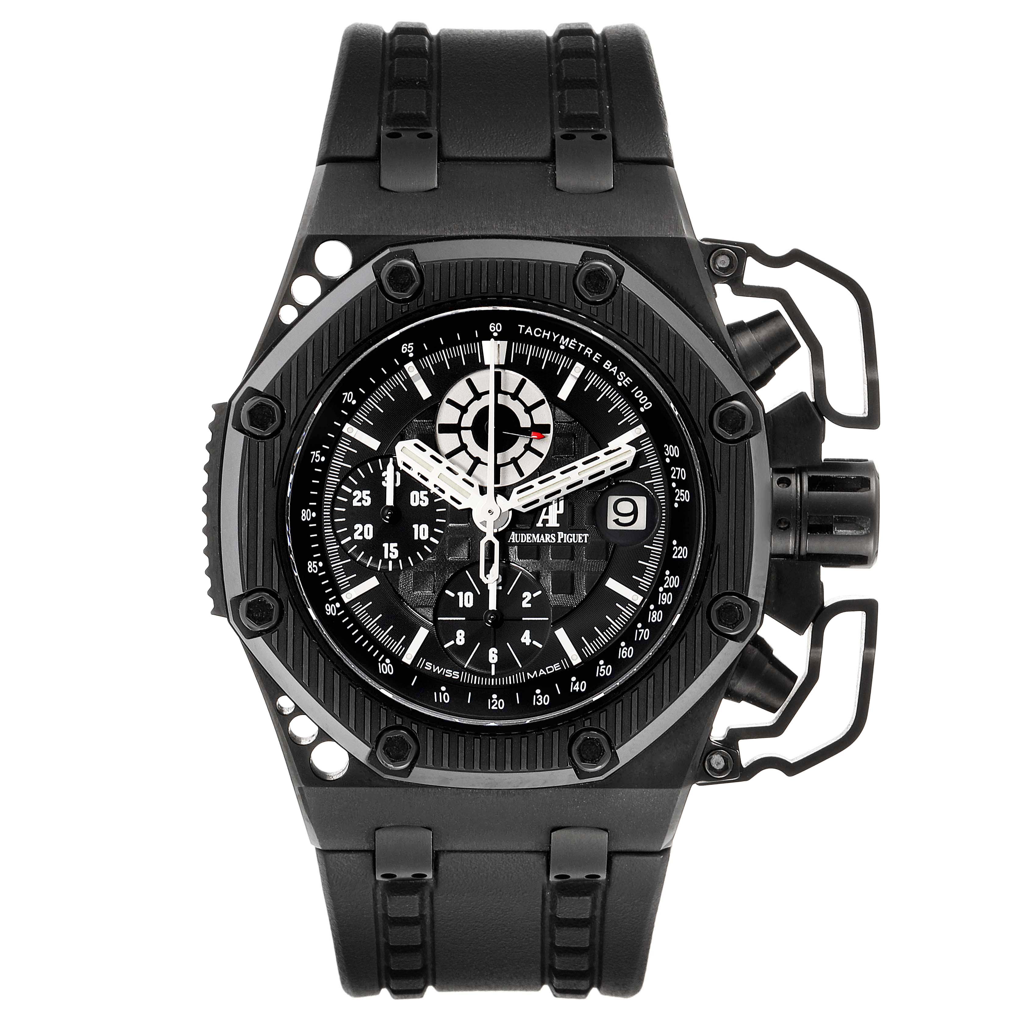 The image shows a front view of the Audemars Piguet Royal Oak Offshore 26165IO.OO.A002CA.01 Men's Titanium Black Dial 26165IO.OO.A002CA.01 Men's Titanium Black Dial watch, displaying its black dial, strap, and bezel.