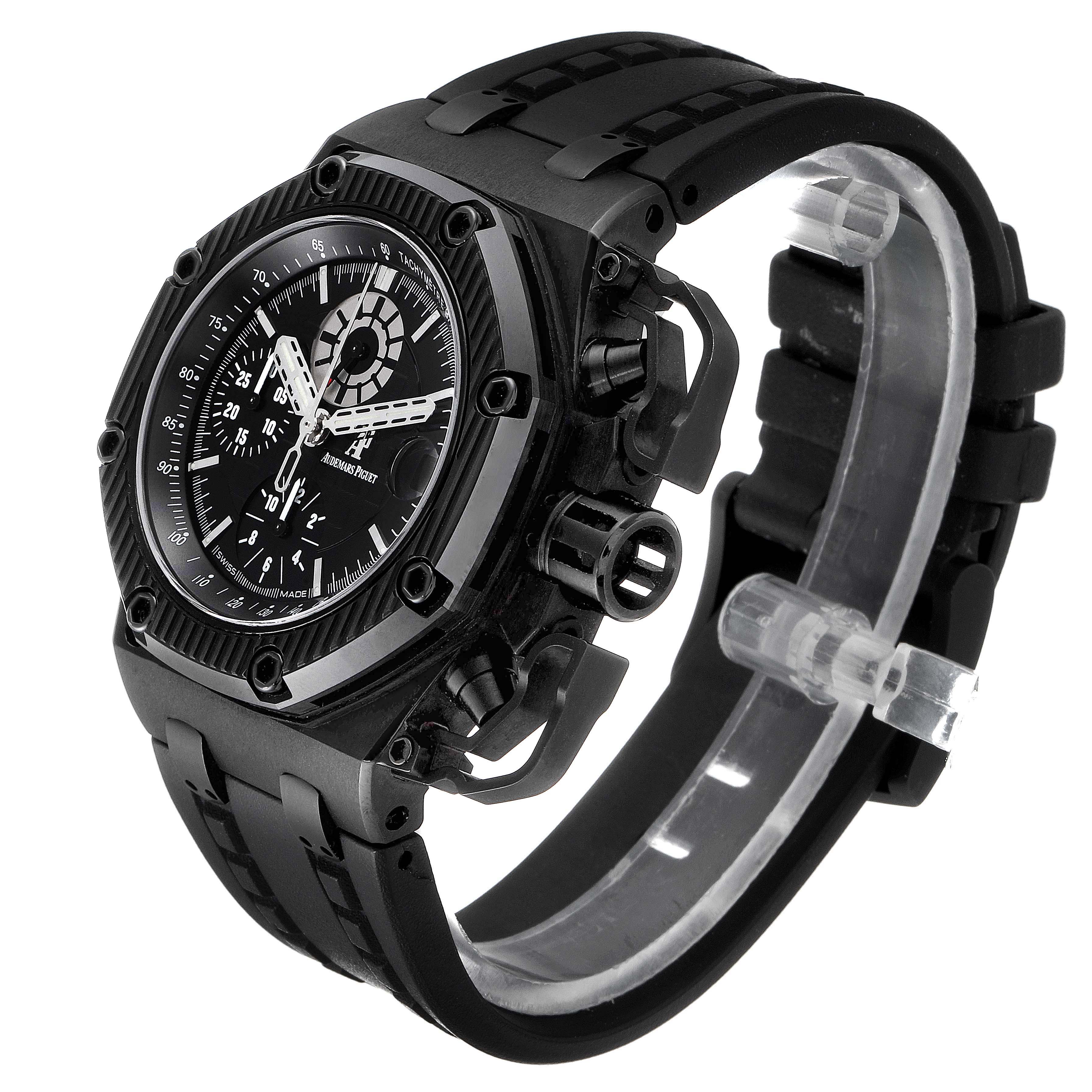 The image shows a side and angled view of the Audemars Piguet Royal Oak Offshore 26165IO.OO.A002CA.01 Men's Titanium Black Dial 26165IO.OO.A002CA.01 Men's Titanium Black Dial watch, highlighting its black casing, dial, and rubber strap.