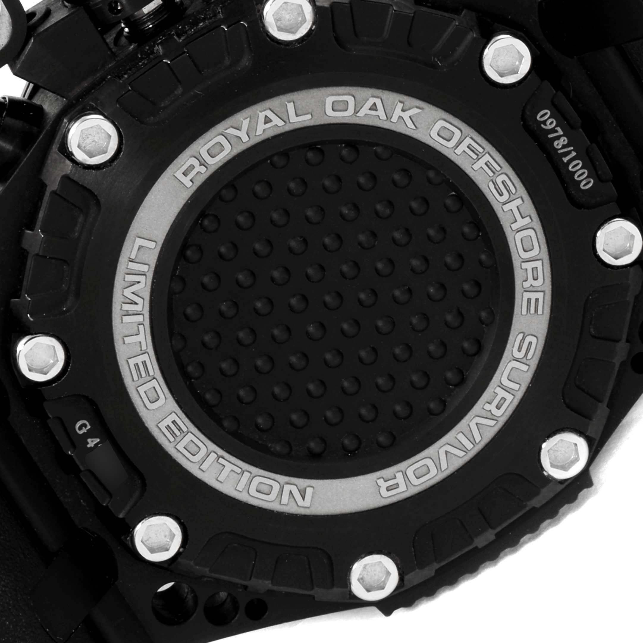 This is a close-up of the back case of an Audemars Piguet Royal Oak Offshore 26165IO.OO.A002CA.01 Men's Titanium Black Dial 26165IO.OO.A002CA.01 Men's Titanium Black Dial watch, displaying its limited edition marking.