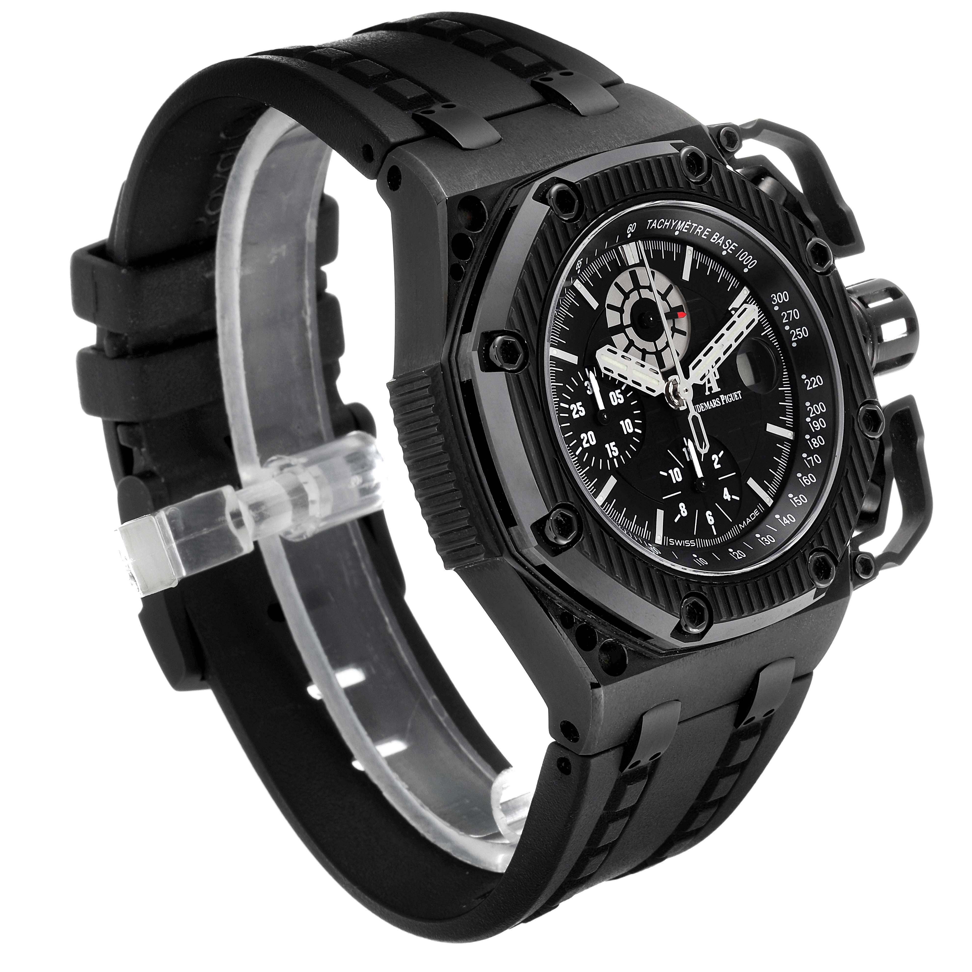 The image shows a front-side angle of an Audemars Piguet Royal Oak Offshore 26165IO.OO.A002CA.01 Men's Titanium Black Dial 26165IO.OO.A002CA.01 Men's Titanium Black Dial watch, highlighting the bezel, dial, and rubber strap.