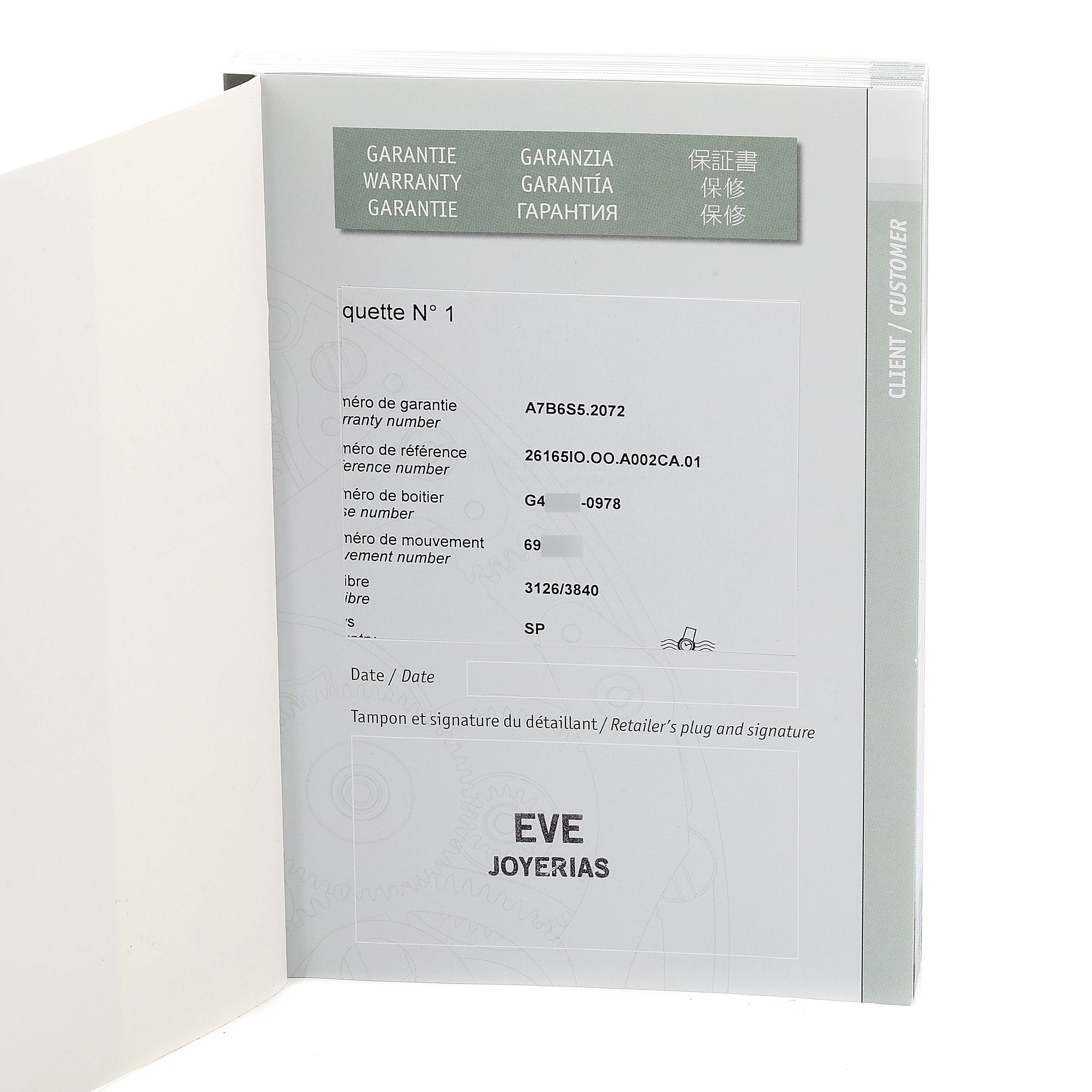 This image shows the warranty booklet for the Audemars Piguet Royal Oak Offshore 26165IO.OO.A002CA.01 Men's Titanium Black Dial 26165IO.OO.A002CA.01 Men's Titanium Black Dial watch model.