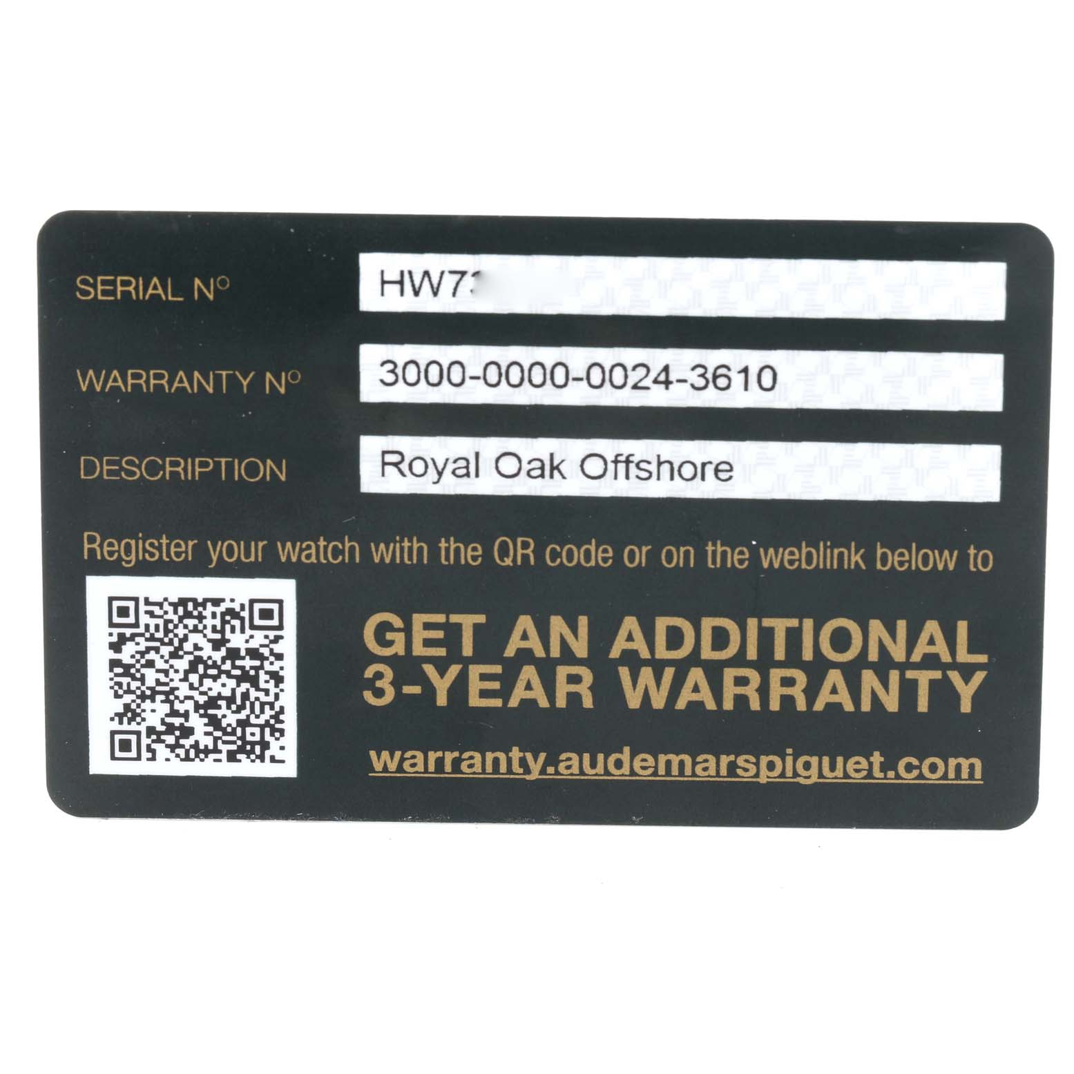 This image shows the warranty card for a Royal Oak Offshore model by Audemars Piguet.