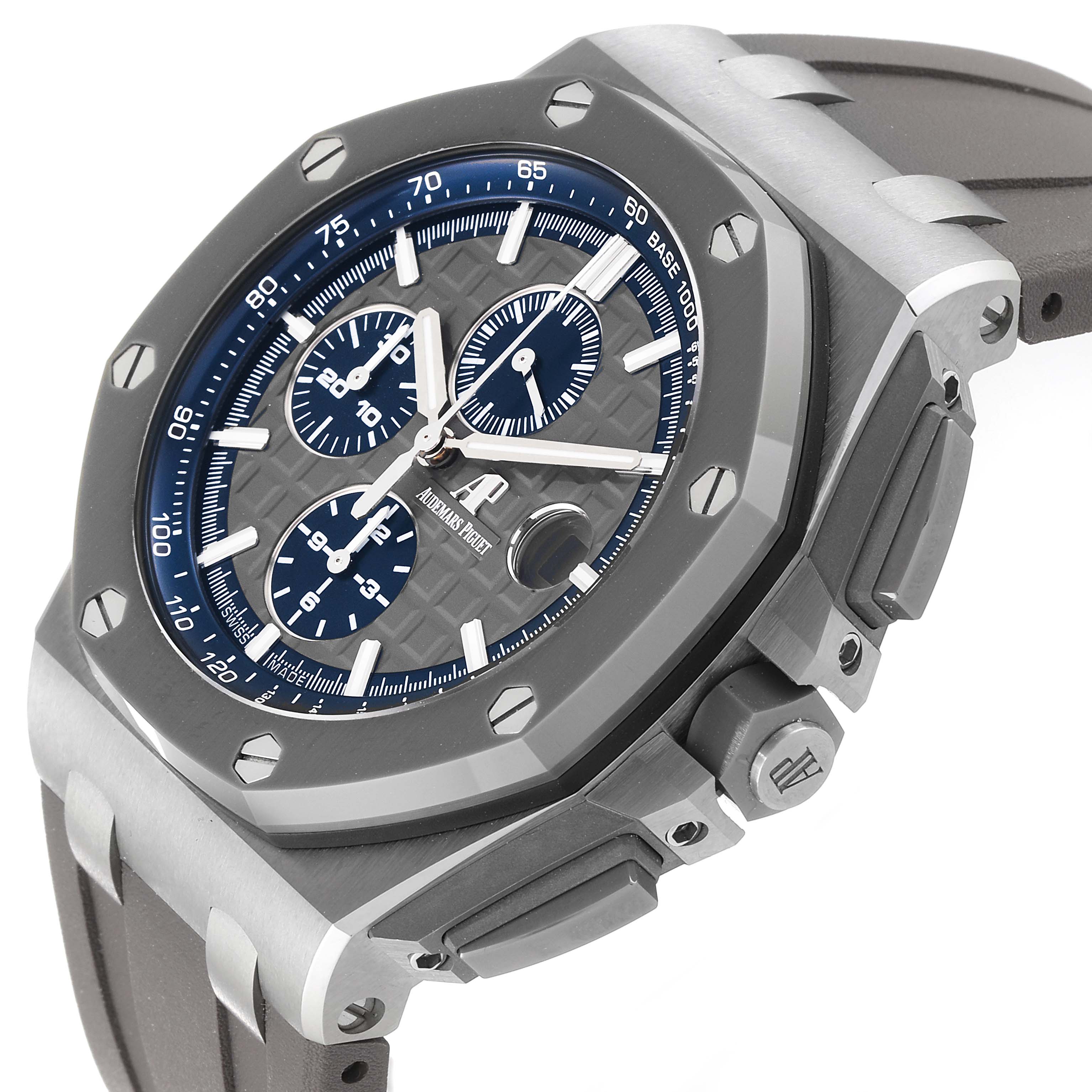 The image shows a side-angle view of the Audemars Piguet Royal Oak Offshore 26400IO.OO.A004CA.02 Men
s Titanium Grey Dial 26400IO.OO.A004CA.02 Men
s Titanium Grey Dial watch, highlighting the bezel, dial, sub-dials, and strap.