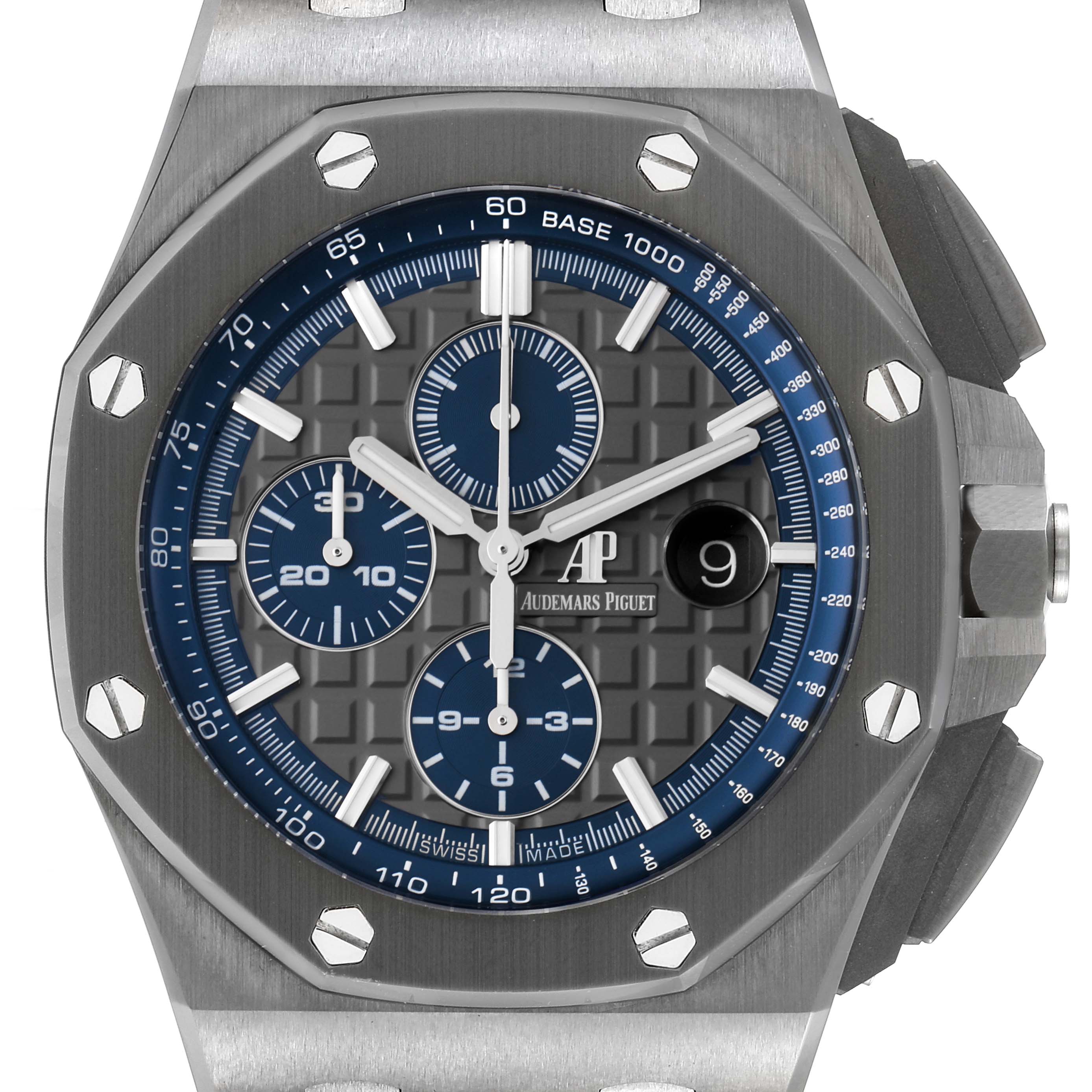 This image shows the dial and bezel of an Audemars Piguet Royal Oak Offshore 26400IO.OO.A004CA.02 Men
s Titanium Grey Dial 26400IO.OO.A004CA.02 Men
s Titanium Grey Dial watch, viewed from the front.