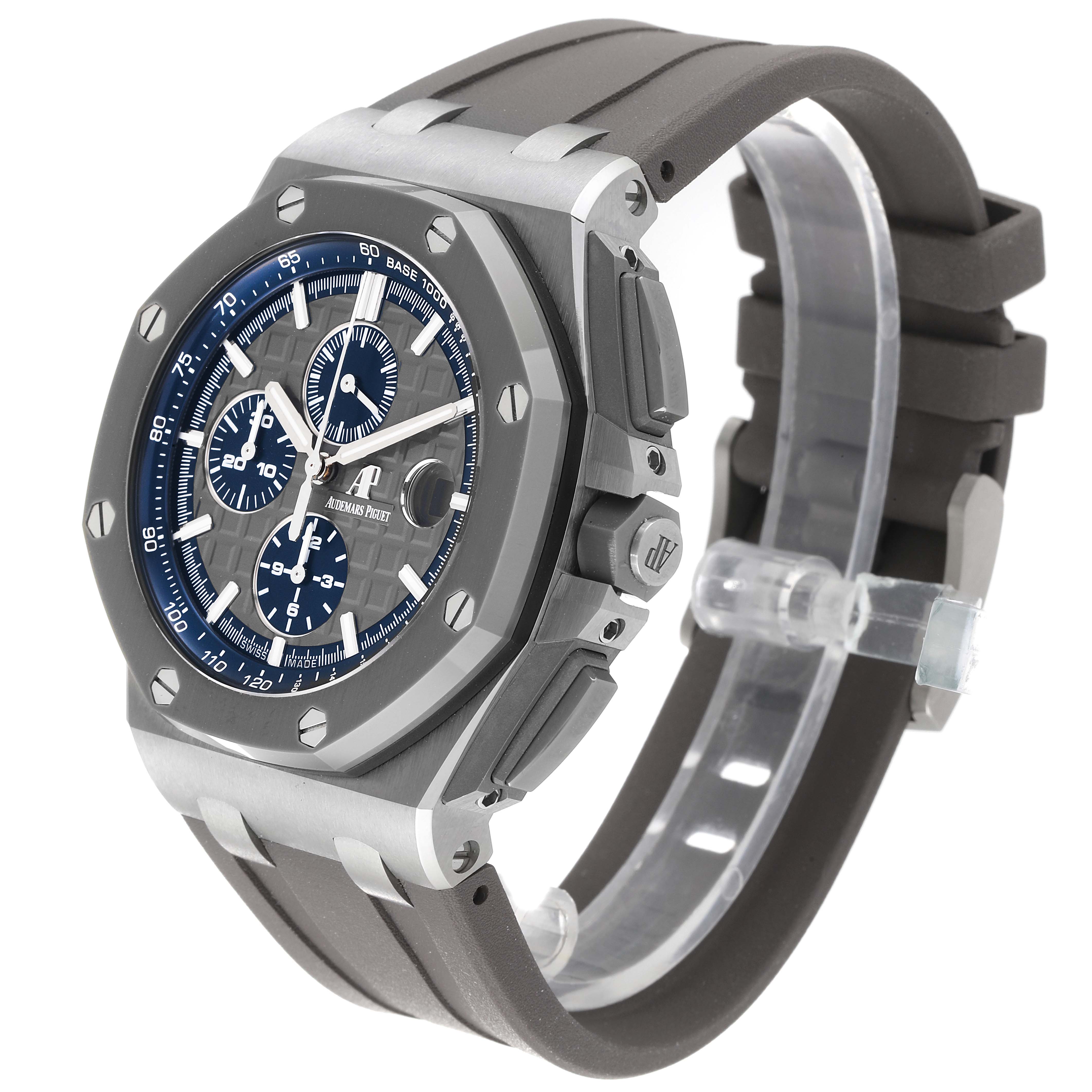 This image shows a side angle of the Audemars Piguet Royal Oak Offshore 26400IO.OO.A004CA.02 Men
s Titanium Grey Dial 26400IO.OO.A004CA.02 Men
s Titanium Grey Dial watch, highlighting the face, bezel, crown, and strap.
