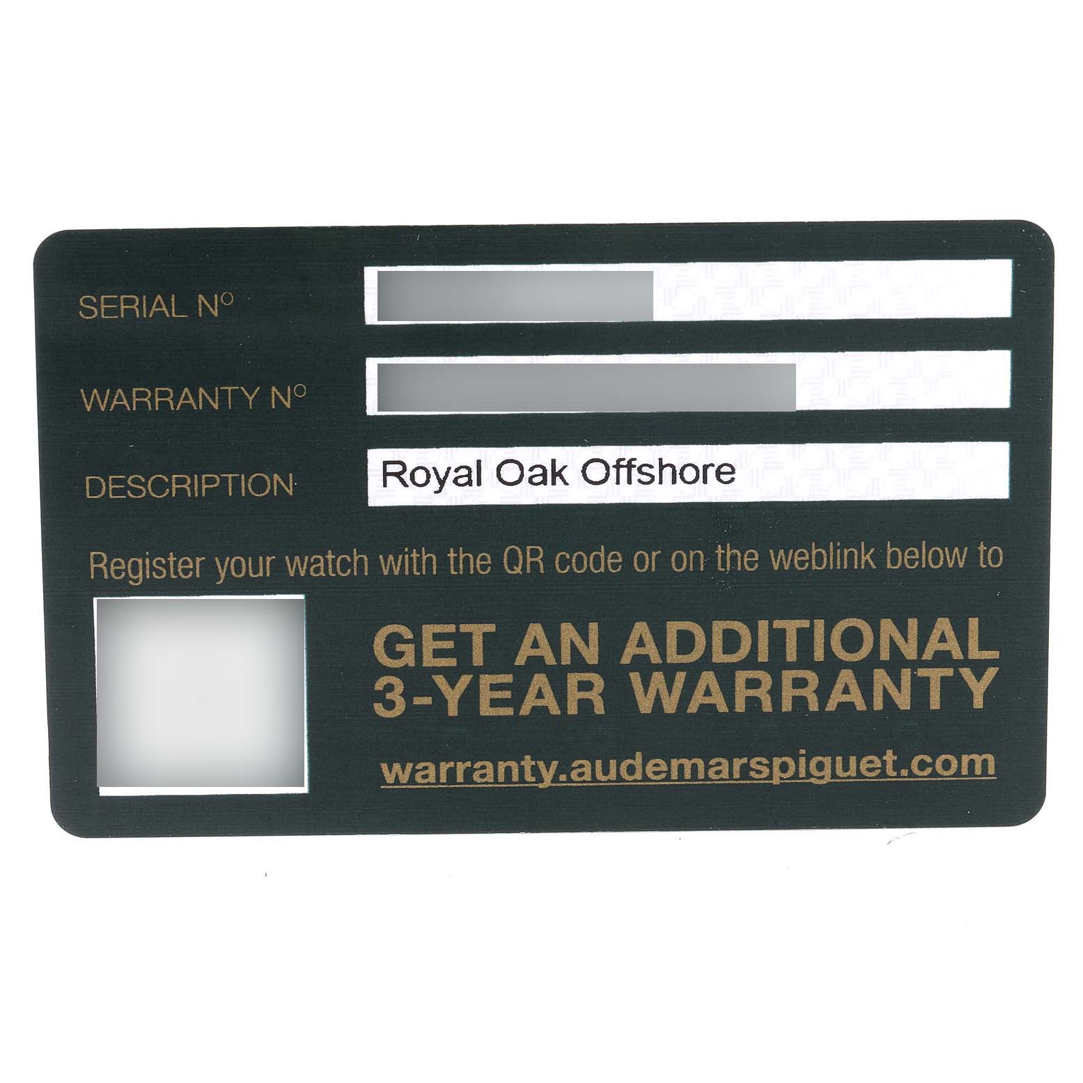This image shows a warranty card for the Audemars Piguet Royal Oak Offshore 26480TI.OO.A027CA.01 Men's Titanium Blue Dial 26480TI.OO.A027CA.01 Men's Titanium Blue Dial watch, including fields for serial and warranty numbers.