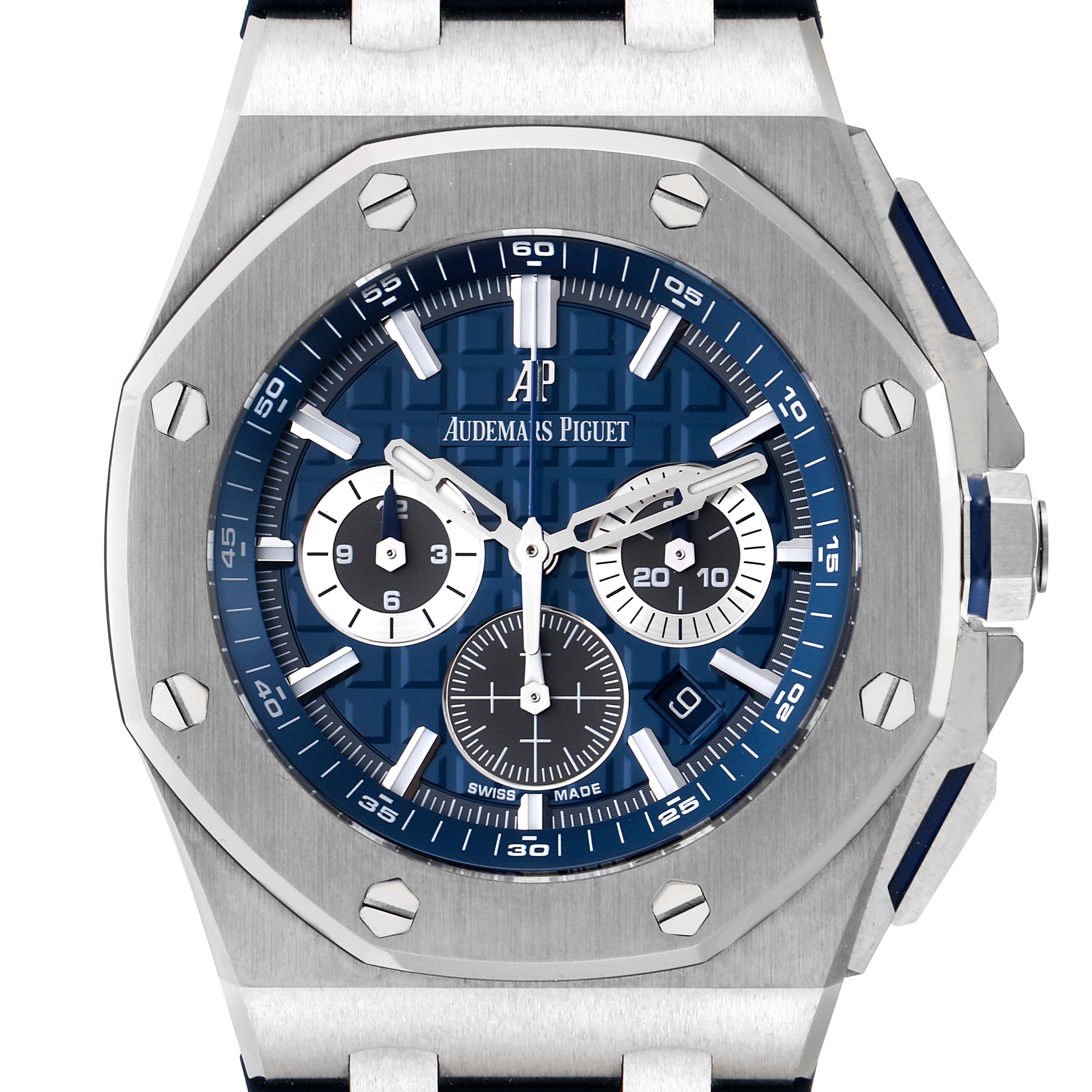 The image shows a front view of the Audemars Piguet Royal Oak Offshore 26480TI.OO.A027CA.01 Men's Titanium Blue Dial 26480TI.OO.A027CA.01 Men's Titanium Blue Dial watch, highlighting its blue dial and chronograph sub-dials.