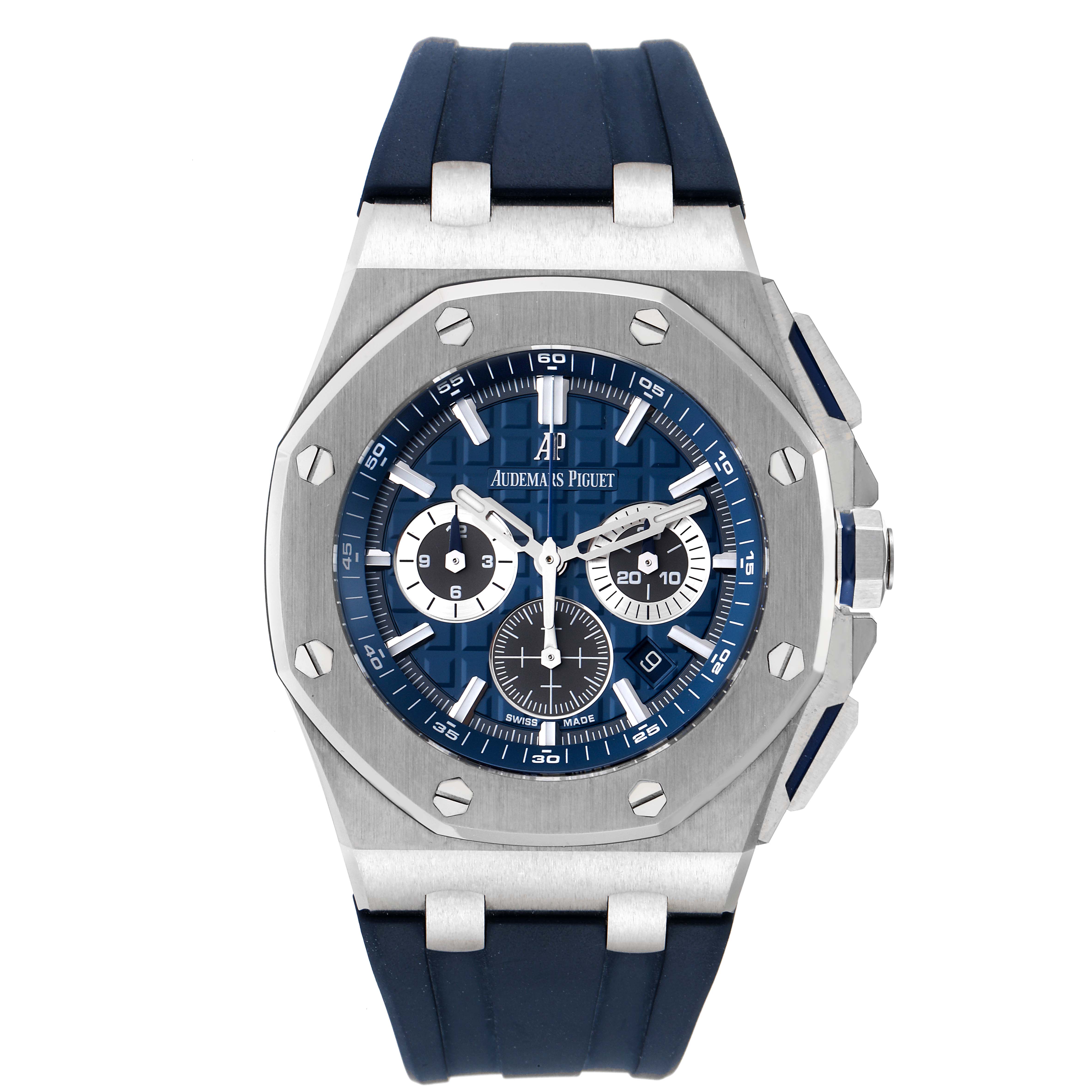 The image shows a front view of the Audemars Piguet Royal Oak Offshore 26480TI.OO.A027CA.01 Men's Titanium Blue Dial 26480TI.OO.A027CA.01 Men's Titanium Blue Dial watch, highlighting its dial, case, and rubber strap.