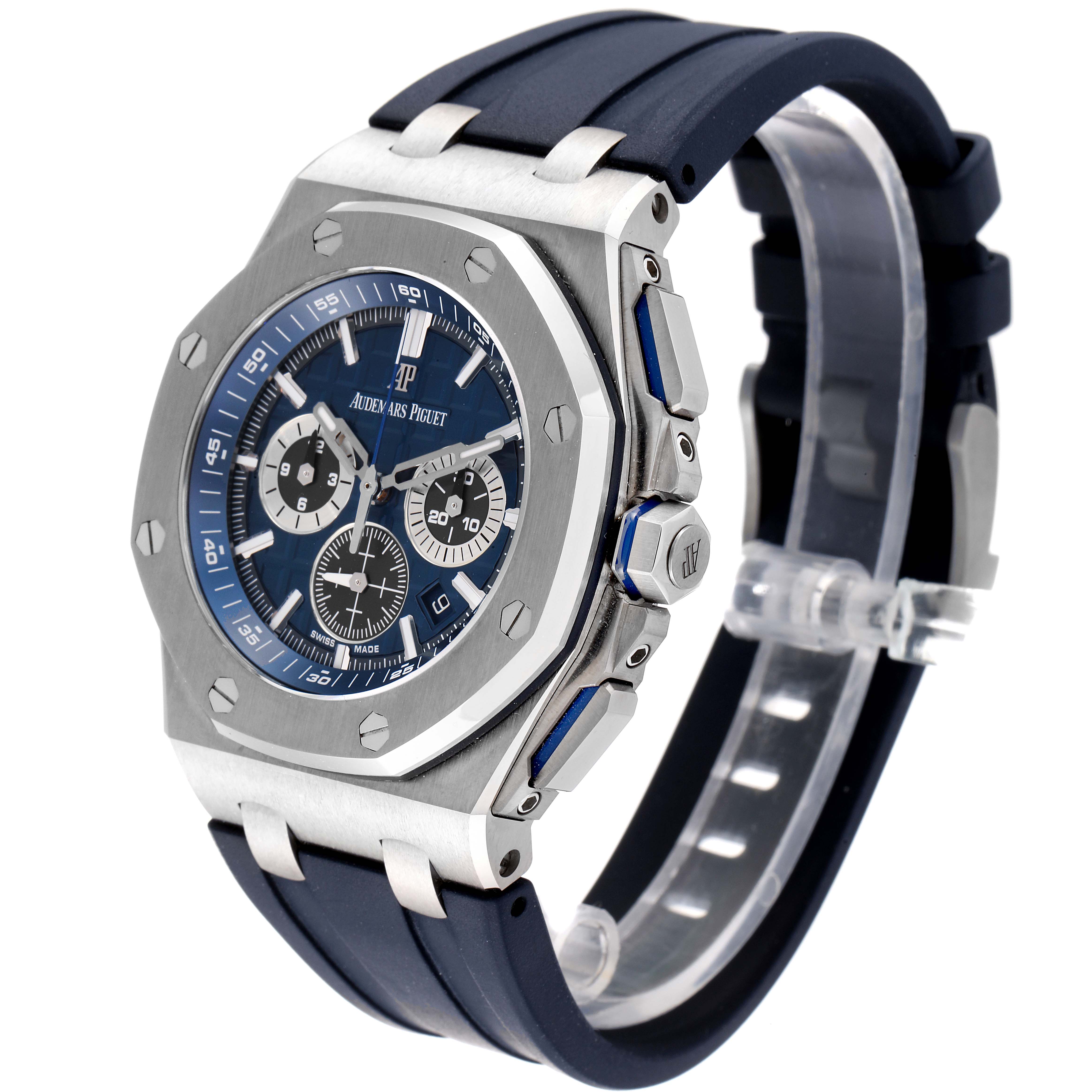 This Audemars Piguet Royal Oak Offshore 26480TI.OO.A027CA.01 Men's Titanium Blue Dial 26480TI.OO.A027CA.01 Men's Titanium Blue Dial watch is shown from an angled side view, displaying the face, crown, and strap.