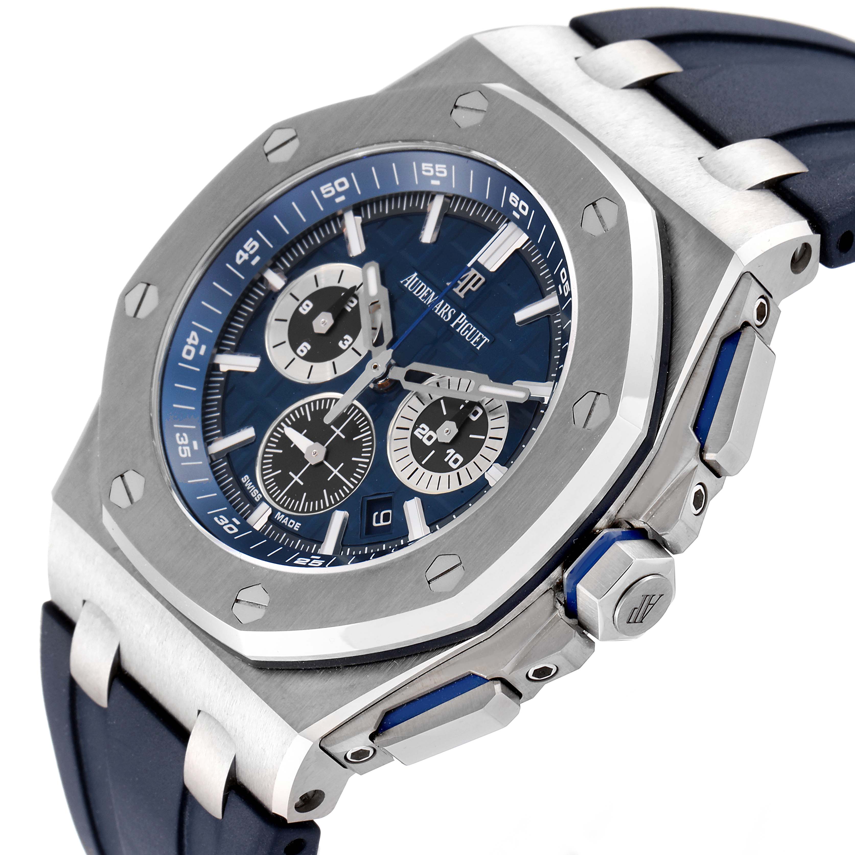 The image shows a Royal Oak Offshore model by Audemars Piguet, angled to display the bezel, dial, chronograph subdials, and pushers.