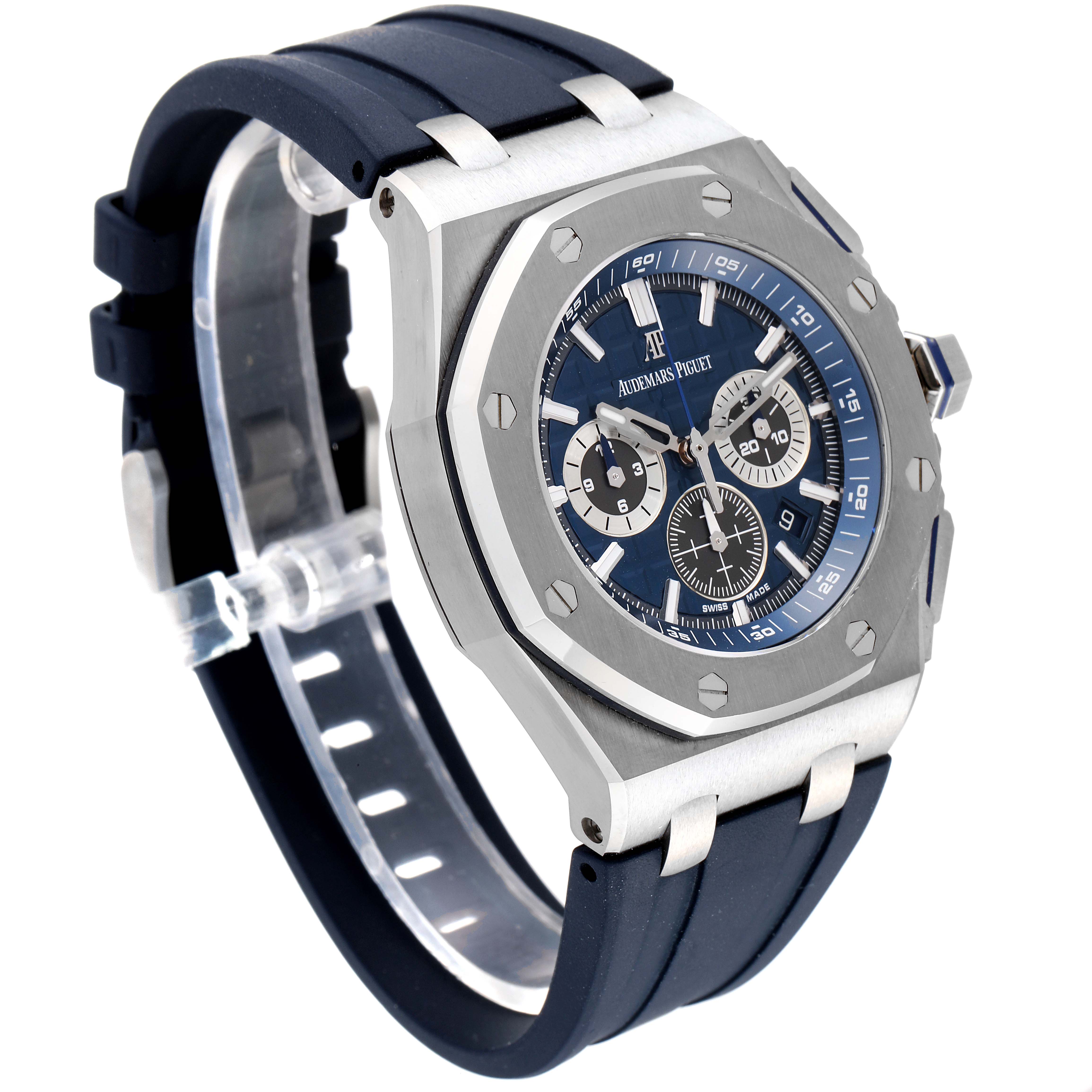 The Audemars Piguet Royal Oak Offshore 26480TI.OO.A027CA.01 Men's Titanium Blue Dial 26480TI.OO.A027CA.01 Men's Titanium Blue Dial watch is shown at a three-quarter angle, highlighting its face, bezel, and rubber strap.