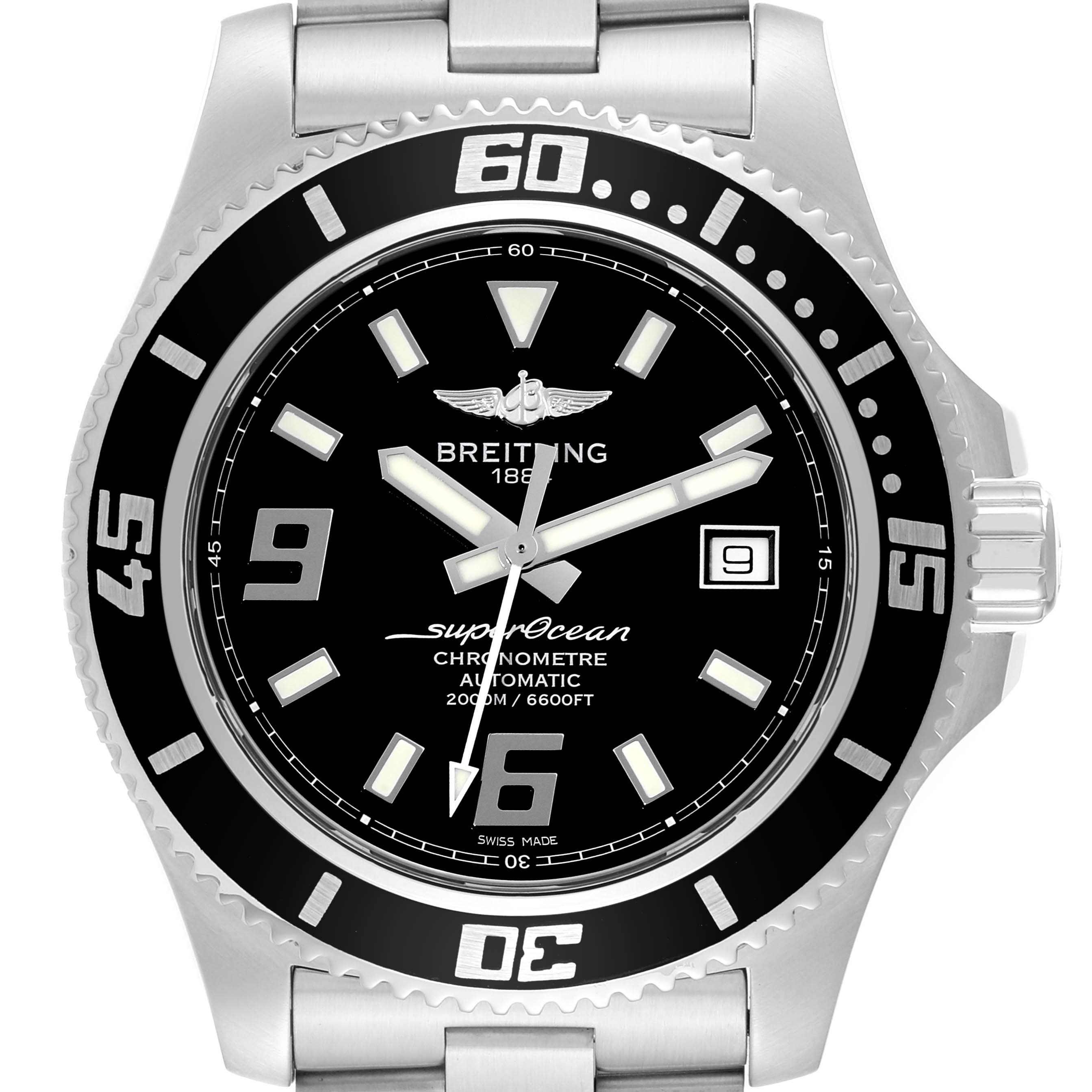 The Breitling Superocean A17391 Men's Stainless Steel Black Dial A17391 Men's Stainless Steel Black Dial watch is shown from the front, highlighting the dial, bezel, and a part of the stainless steel bracelet.