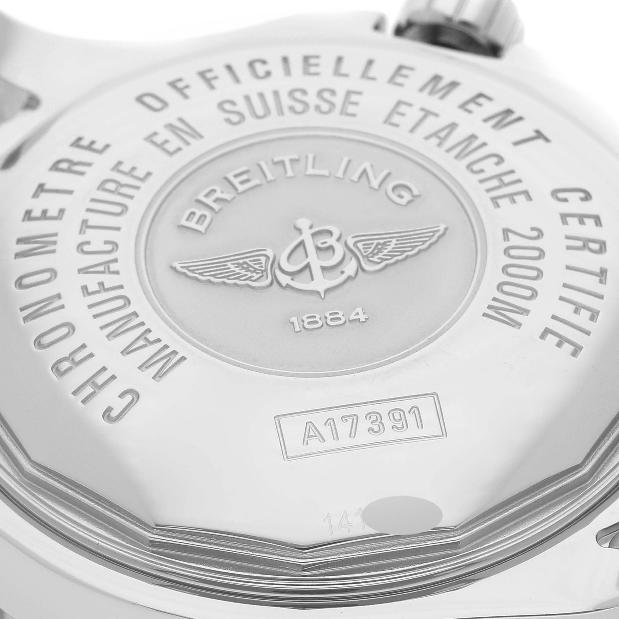 This image shows the back case of a Breitling Superocean A17391 Men's Stainless Steel Black Dial A17391 Men's Stainless Steel Black Dial watch, focusing on the engraved details and model number A17391.