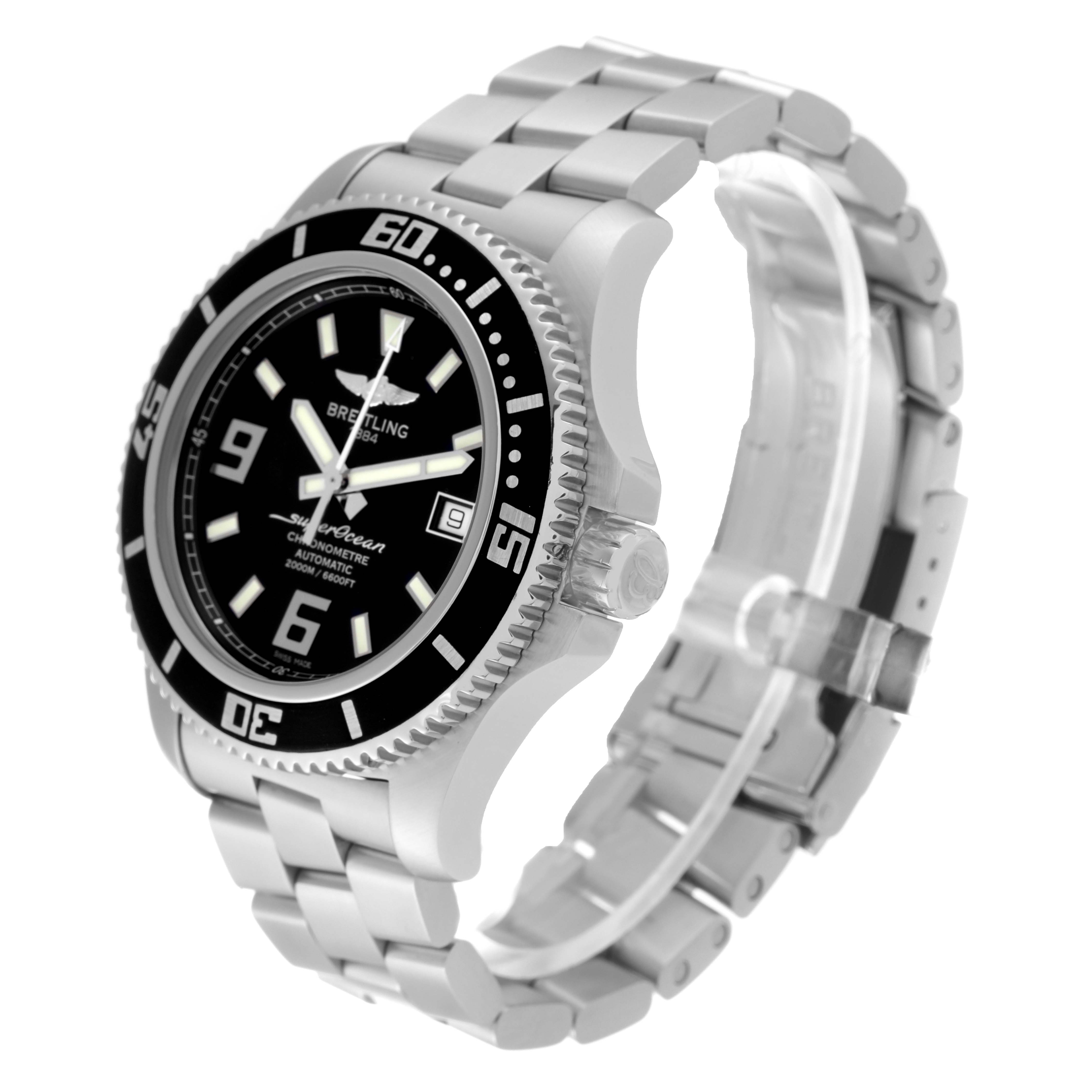 The image shows a Breitling Superocean A17391 Men's Stainless Steel Black Dial A17391 Men's Stainless Steel Black Dial watch at an angle highlighting its face, bezel, crown, and metal bracelet.