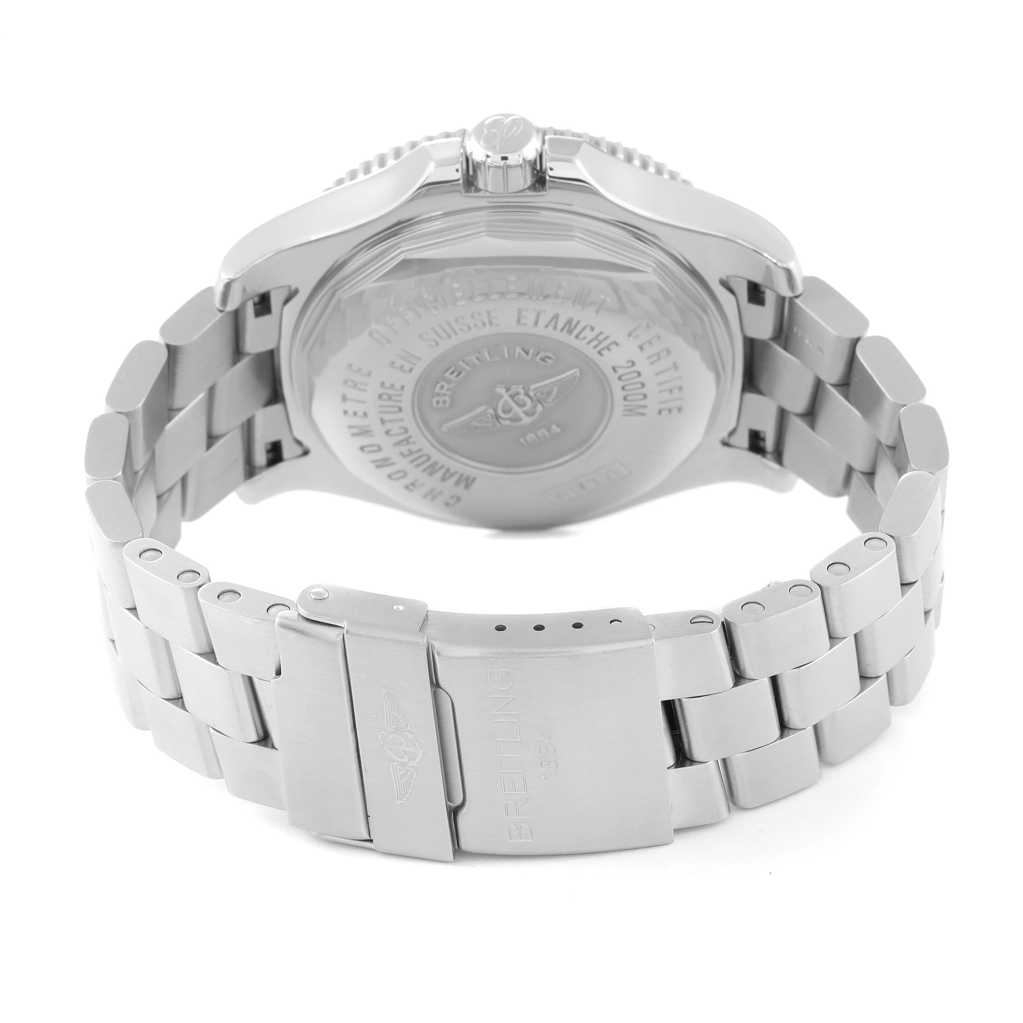 This image shows the back and bracelet of a Breitling Superocean A17391 Men's Stainless Steel Black Dial A17391 Men's Stainless Steel Black Dial watch, highlighting the case back engraving and stainless steel clasp.