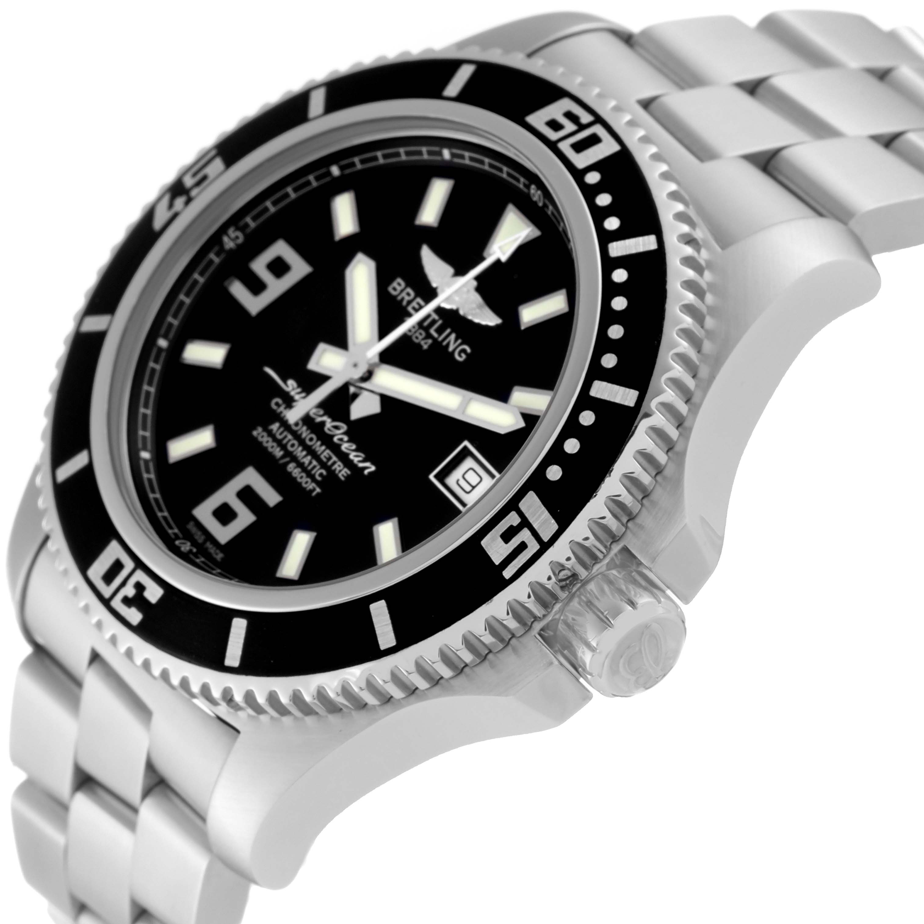 The image shows a Breitling Superocean A17391 Men's Stainless Steel Black Dial A17391 Men's Stainless Steel Black Dial watch angled from the upper right, highlighting the dial, bezel, crown, and metal bracelet.