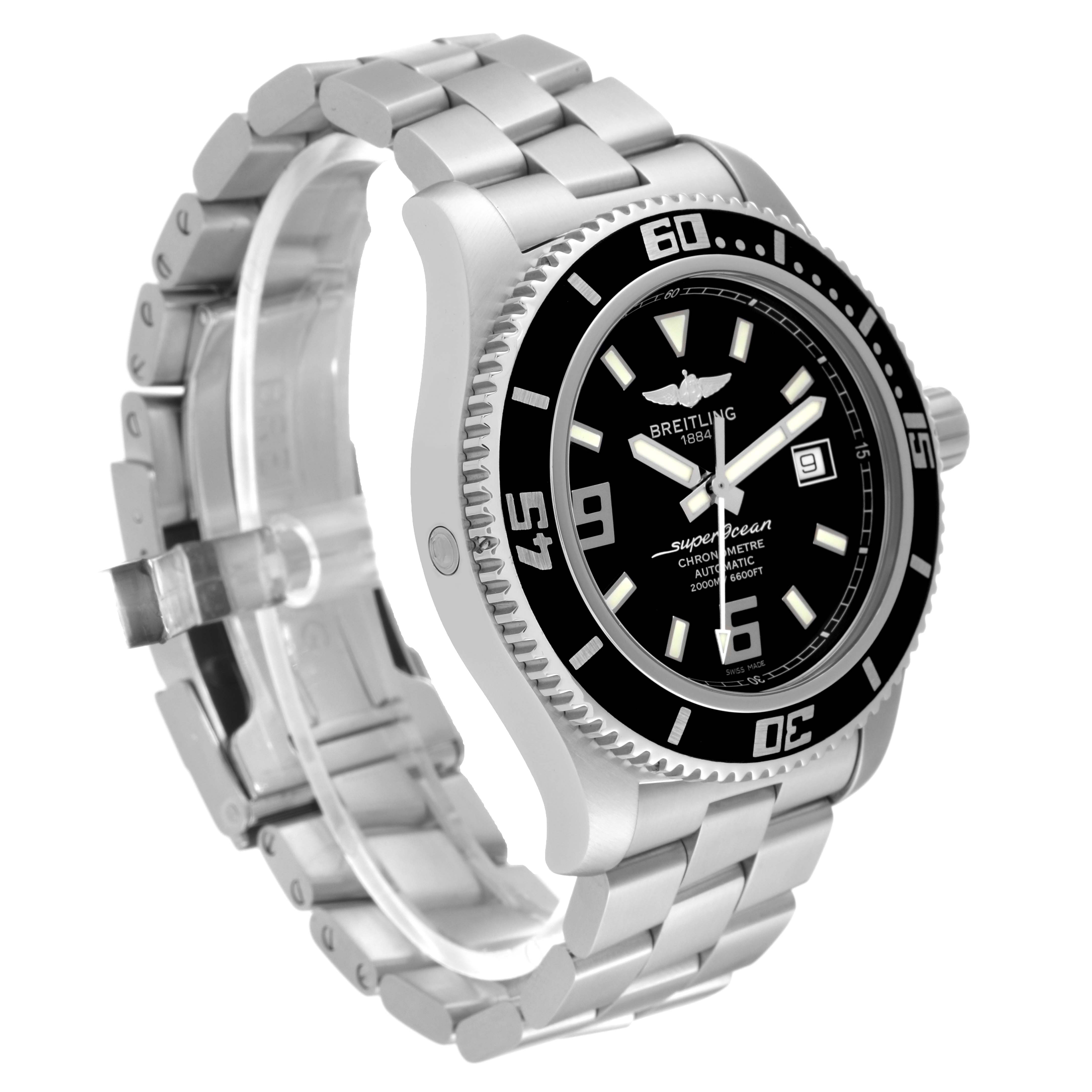 The image shows a side angle view of the Breitling Superocean A17391 Men's Stainless Steel Black Dial A17391 Men's Stainless Steel Black Dial watch, highlighting the dial, bezel, and stainless steel bracelet.