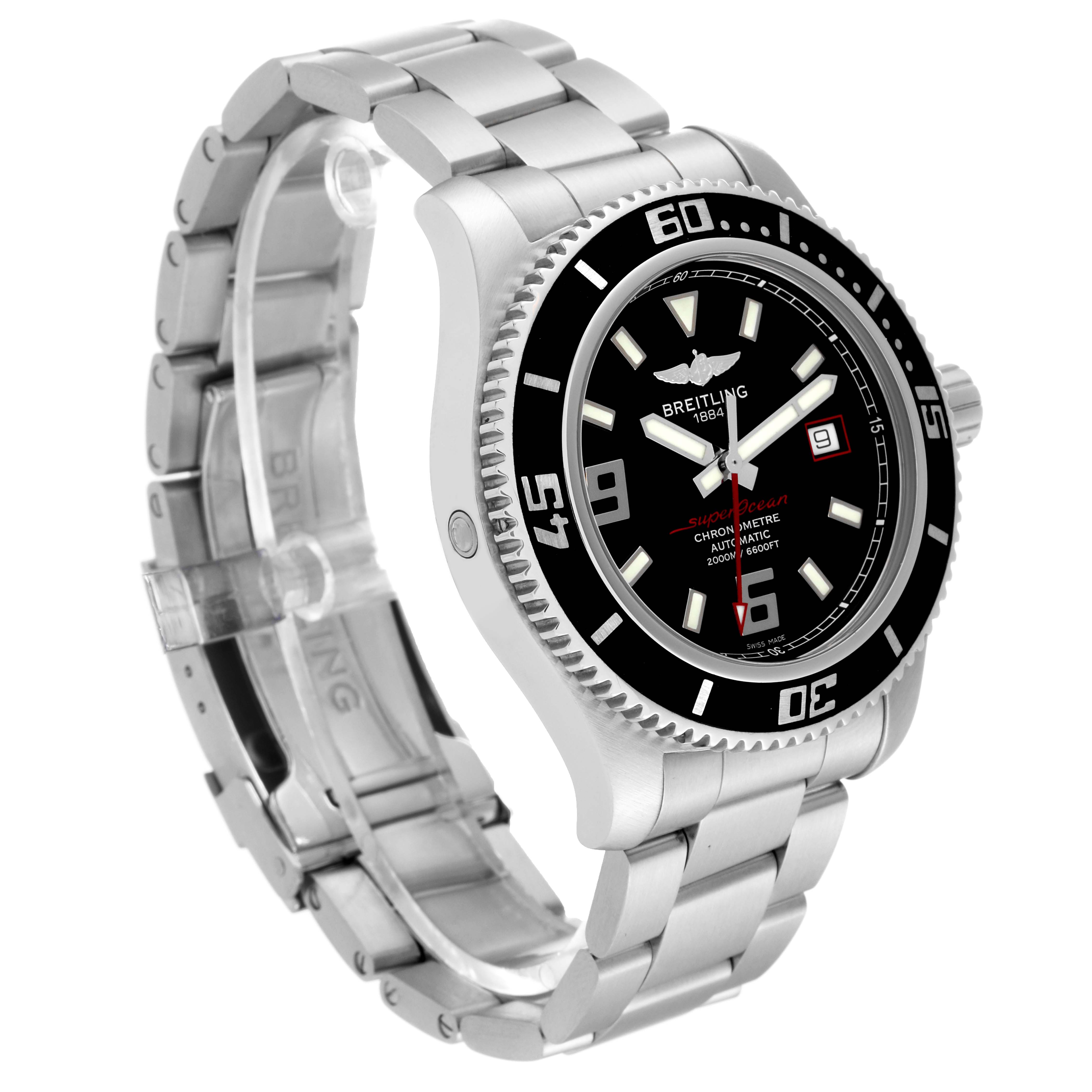 The image shows a Breitling Superocean A17391 Men's Stainless Steel Black Dial A17391 Men's Stainless Steel Black Dial watch from a three-quarter angle, displaying the face, bezel, crown, and part of the metal bracelet.