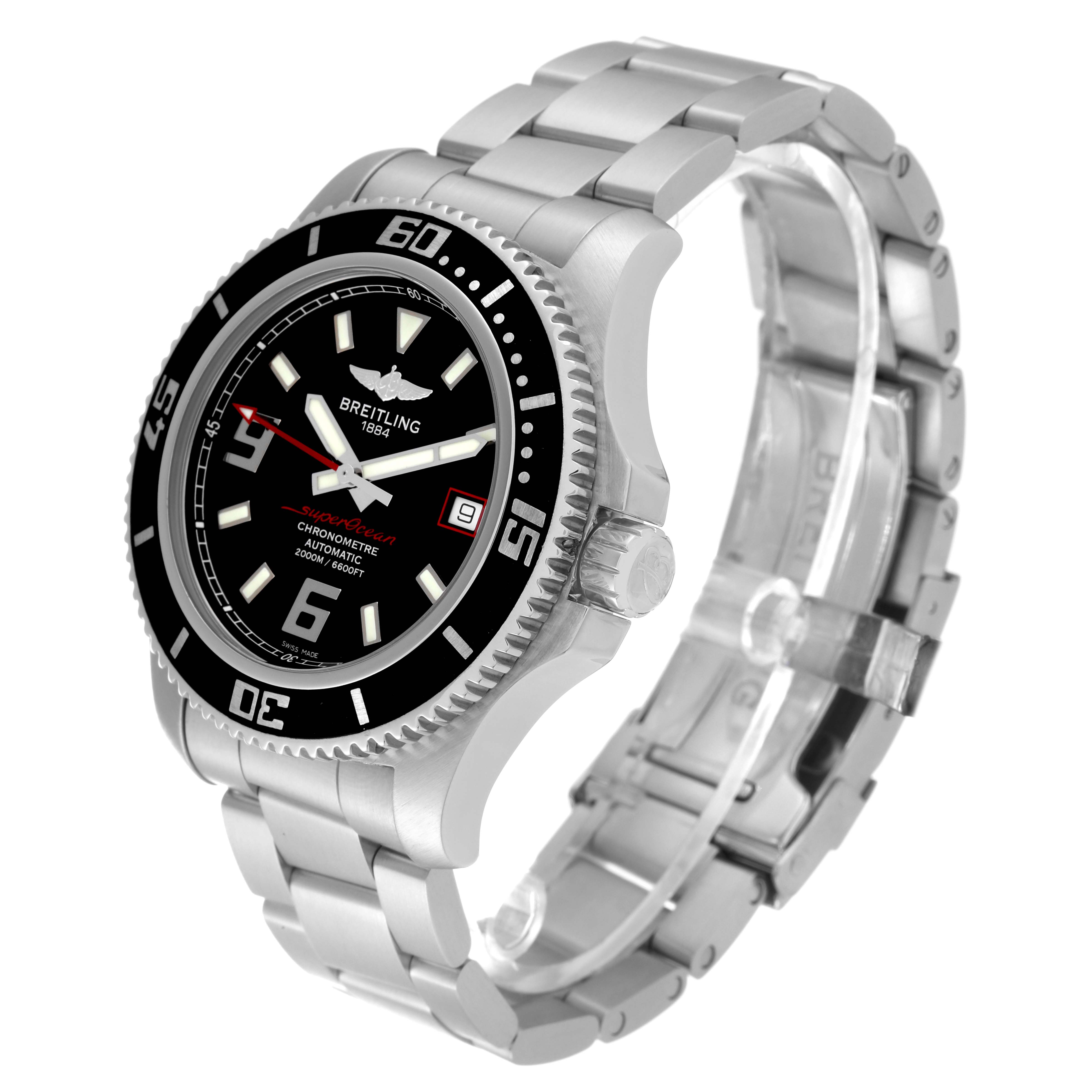 The image shows a Breitling Superocean A17391 Men's Stainless Steel Black Dial A17391 Men's Stainless Steel Black Dial watch from a front-right angle, highlighting the face, bezel, crown, and bracelet.