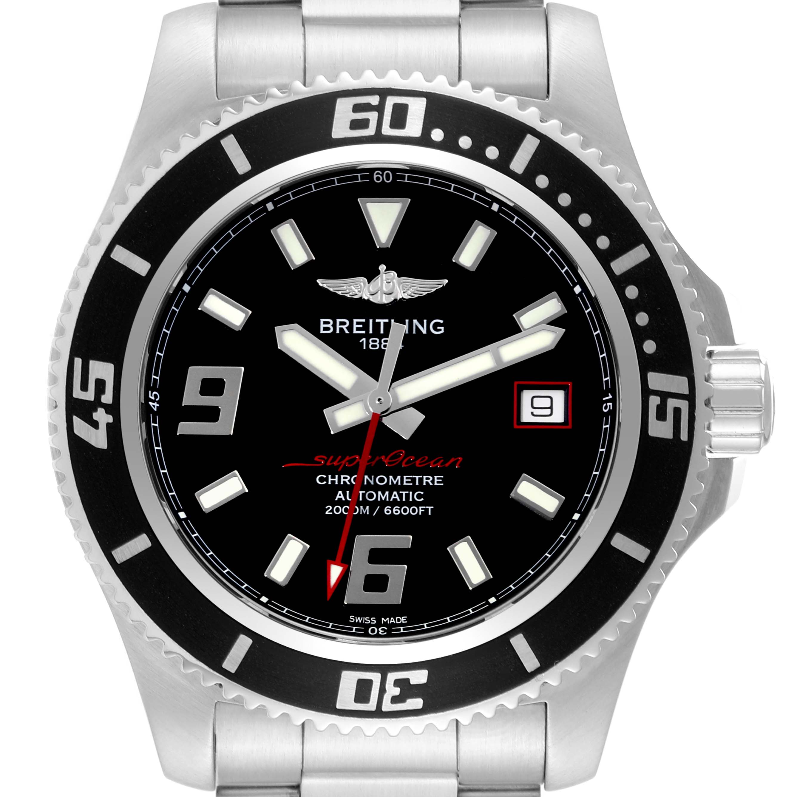 The image shows a frontal view of the Breitling Superocean A17391 Men's Stainless Steel Black Dial A17391 Men's Stainless Steel Black Dial watch, highlighting its face, bezel, hands, and date window.