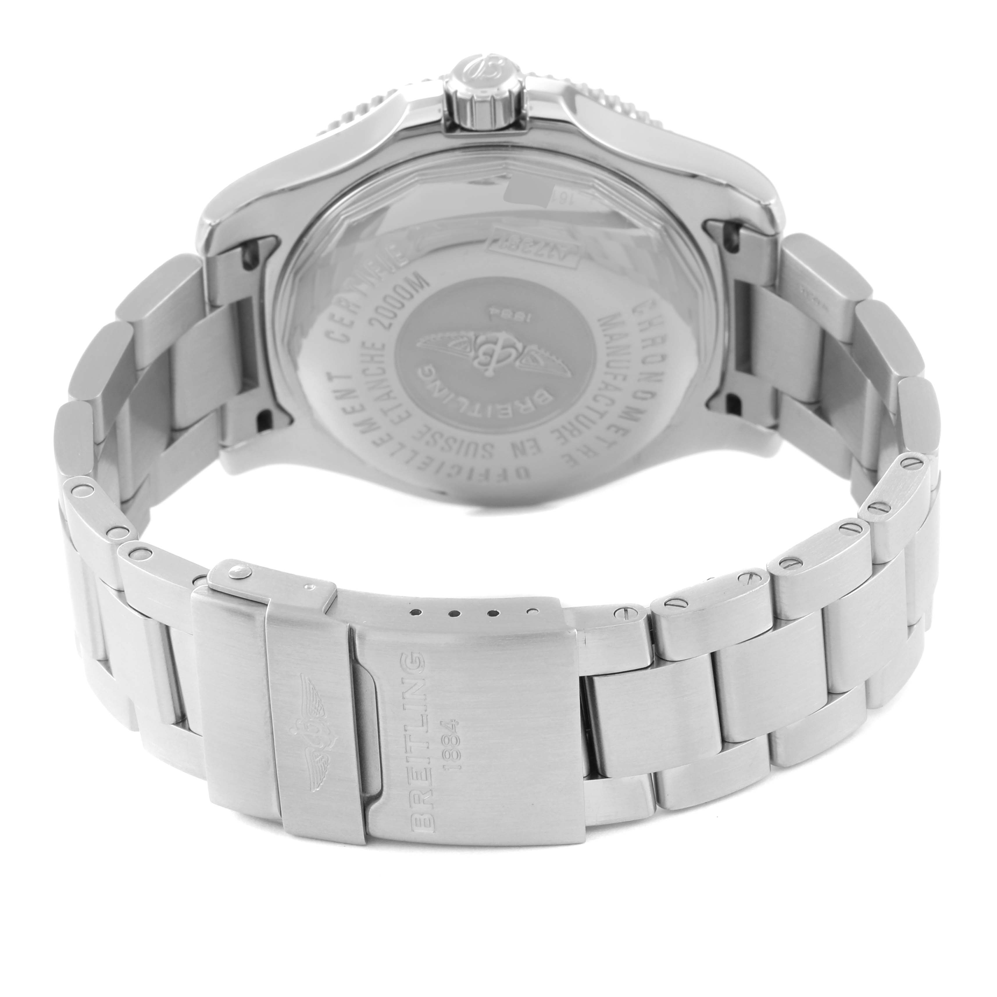 The image shows the back and bracelet of a Breitling Superocean A17391 Men's Stainless Steel Black Dial A17391 Men's Stainless Steel Black Dial watch, viewed from a low angle.