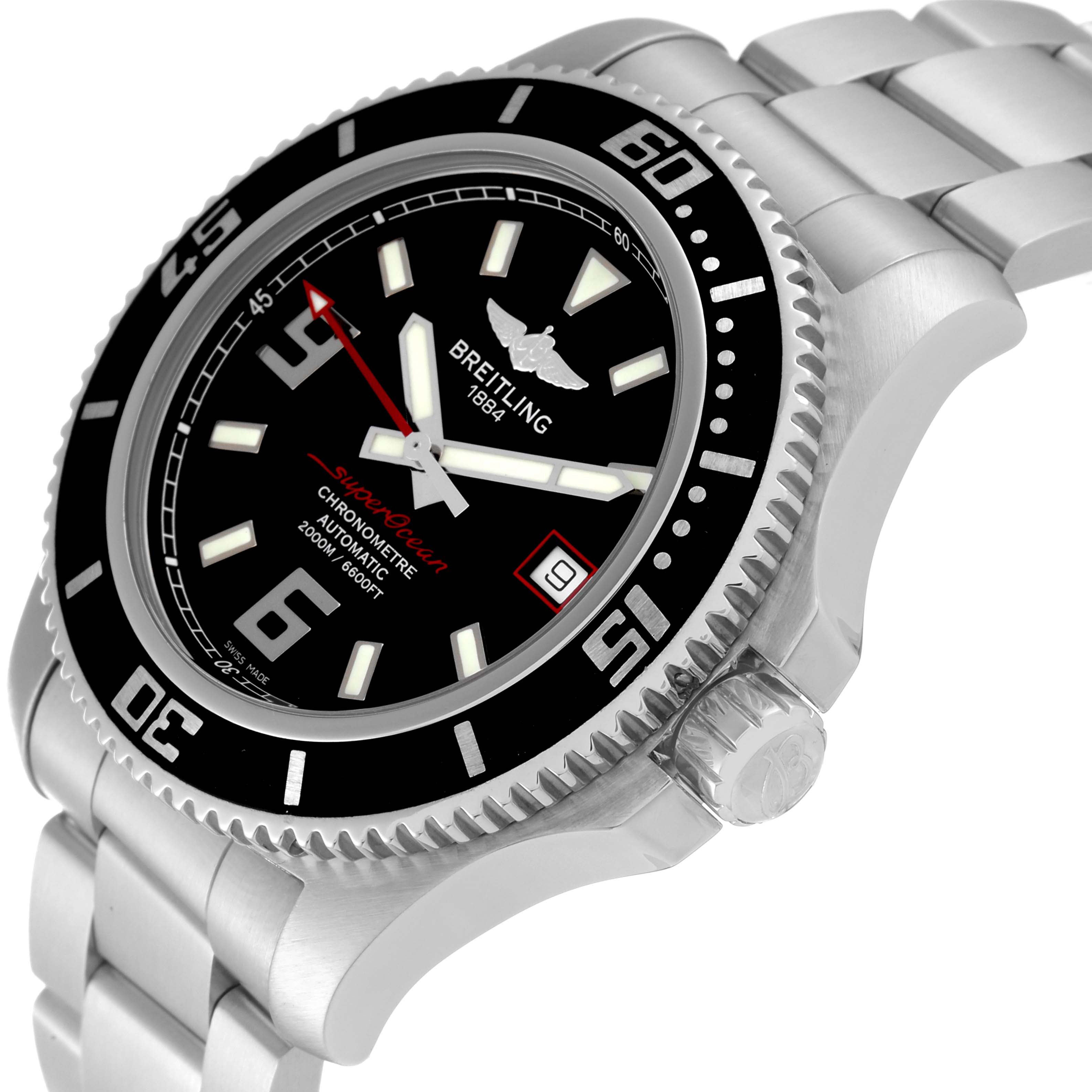 This image shows a close-up side and front view of a Breitling Superocean A17391 Men's Stainless Steel Black Dial A17391 Men's Stainless Steel Black Dial watch, highlighting the dial, bezel, and part of the bracelet.