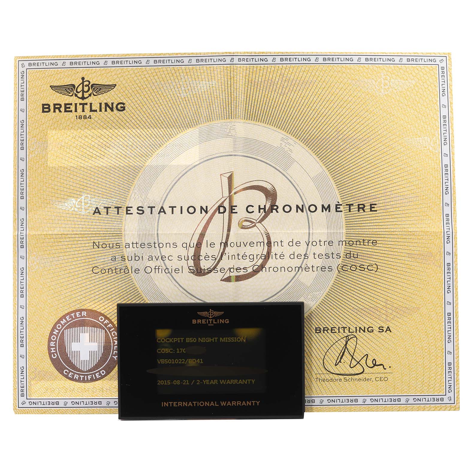 The image shows a certificate and warranty card for the Breitling Professional Series VB501022/BD41 Men's Titanium Black Dial VB501022/BD41 Men's Titanium Black Dial watch, with a "COCKPIT B50 NIGHT MISSION" model.