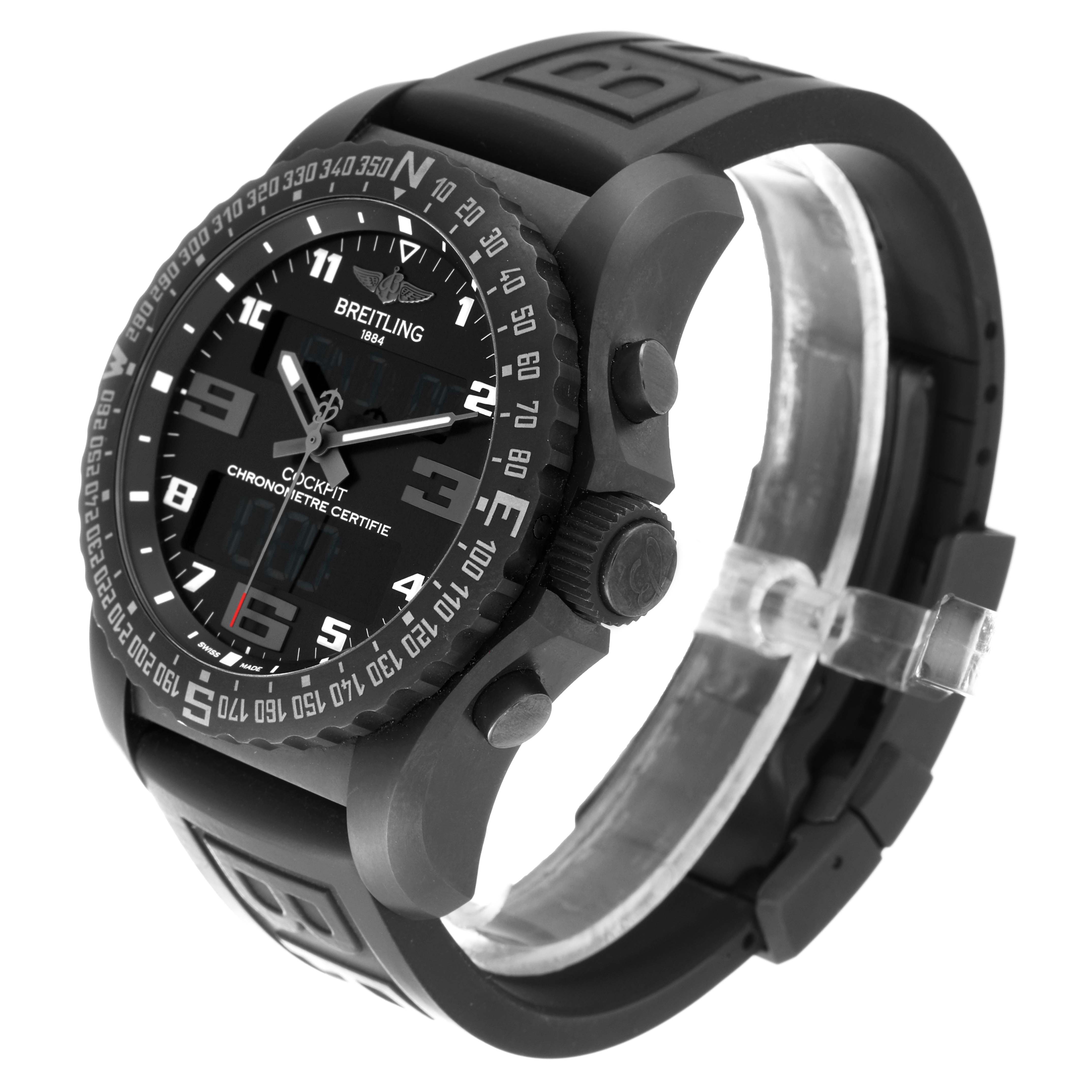 The Breitling Professional Series VB501022/BD41 Men's Titanium Black Dial VB501022/BD41 Men's Titanium Black Dial Cockpit watch is shown at an angled view highlighting the face, bezel, and rubber strap.