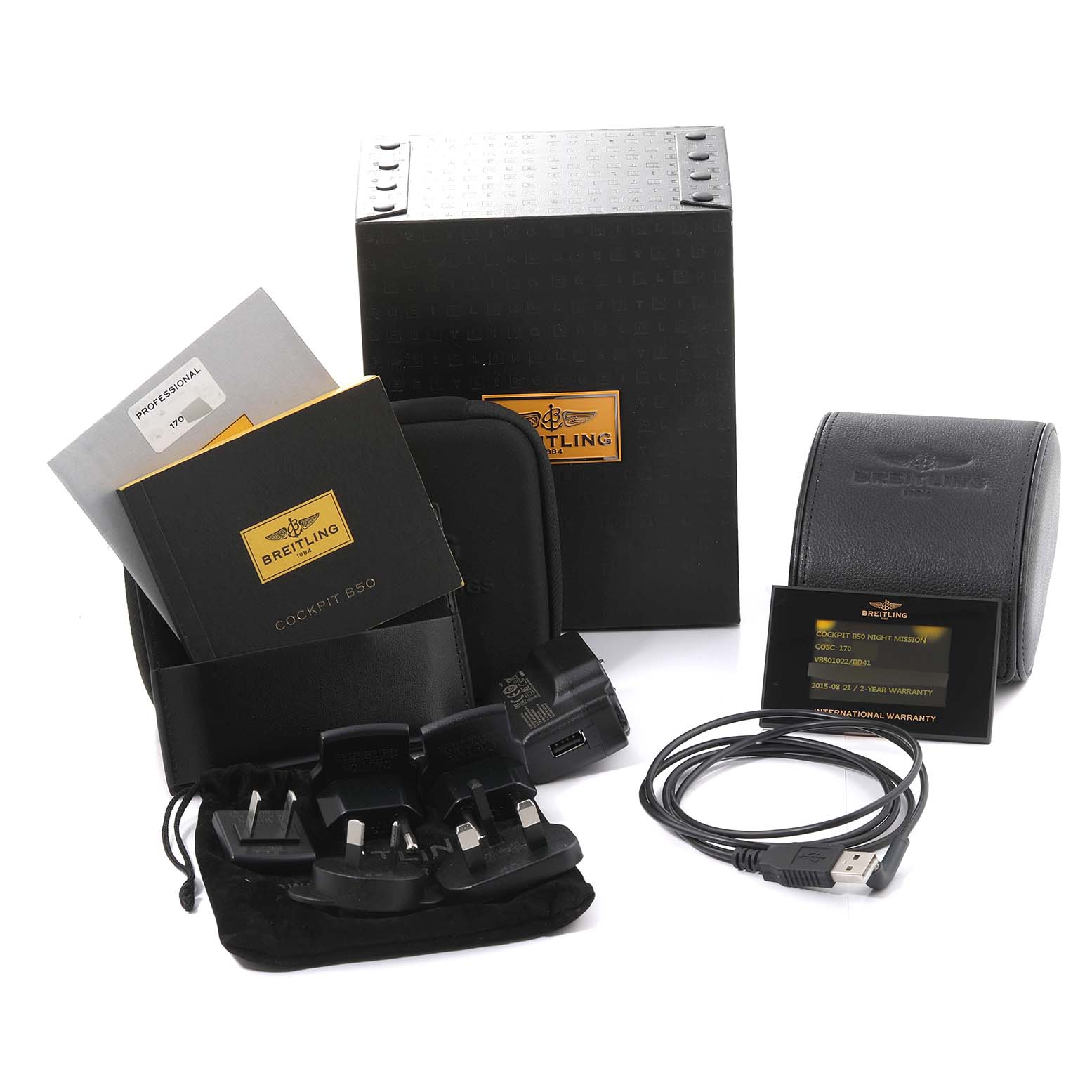 The image shows accessories for the Breitling Professional Series VB501022/BD41 Men's Titanium Black Dial VB501022/BD41 Men's Titanium Black Dial, including manuals, chargers, cables, and boxes from various angles.