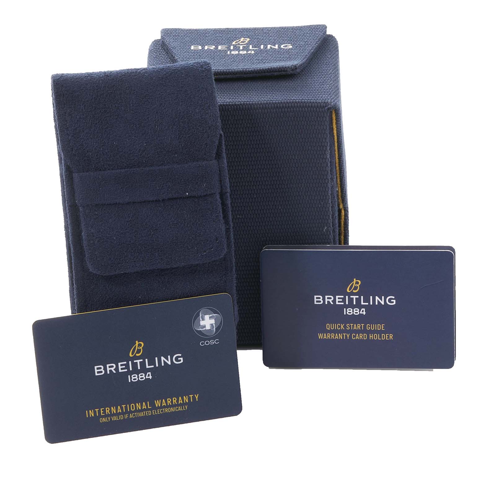 The image shows packaging and accessories, including an international warranty card and a quick start guide for the Breitling Superocean V17369 Men's Titanium Blue Dial V17369 Men's Titanium Blue Dial watch.