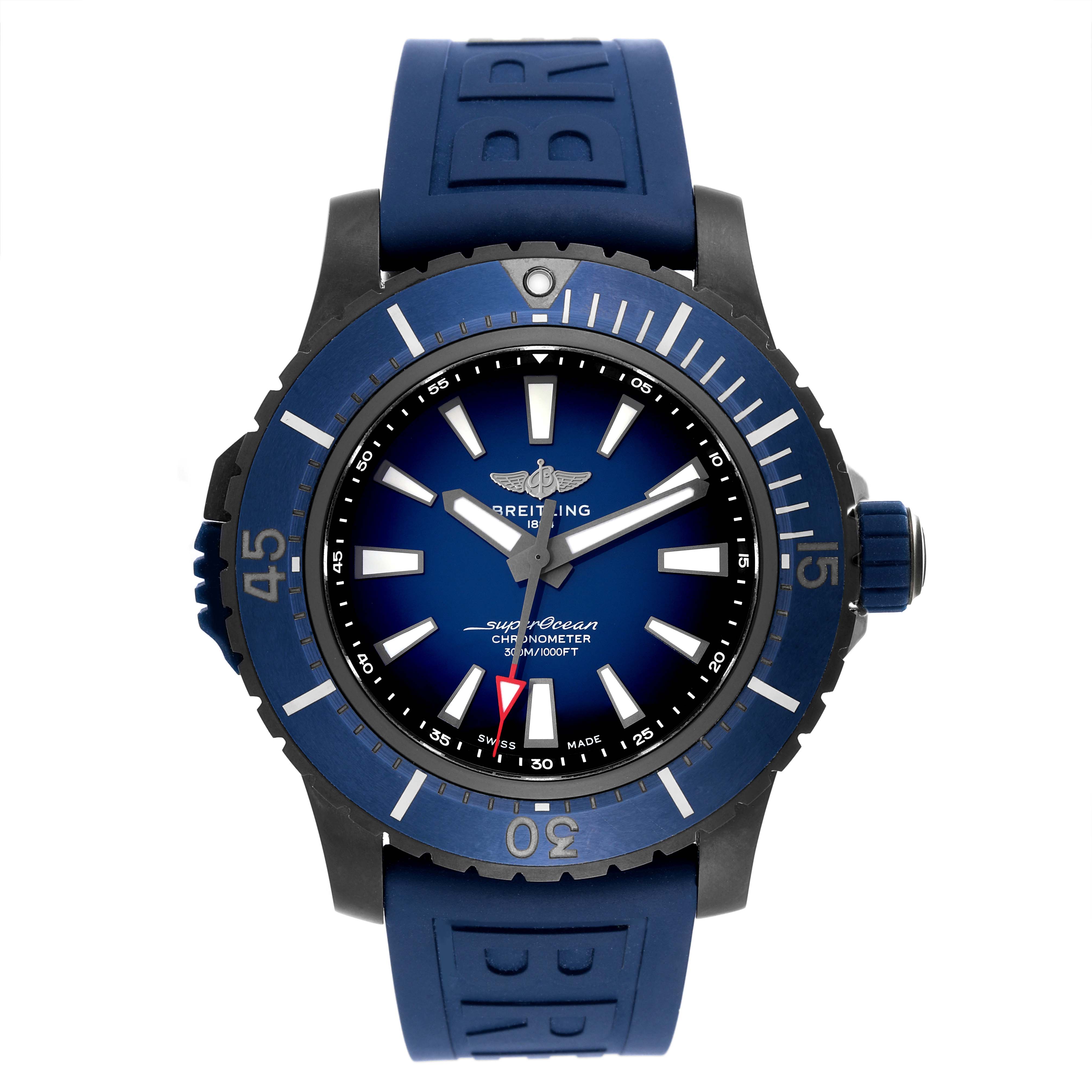 The image shows a front view of the Breitling Superocean V17369 Men's Titanium Blue Dial V17369 Men's Titanium Blue Dial model watch, highlighting its blue dial, bezel, and rubber strap.