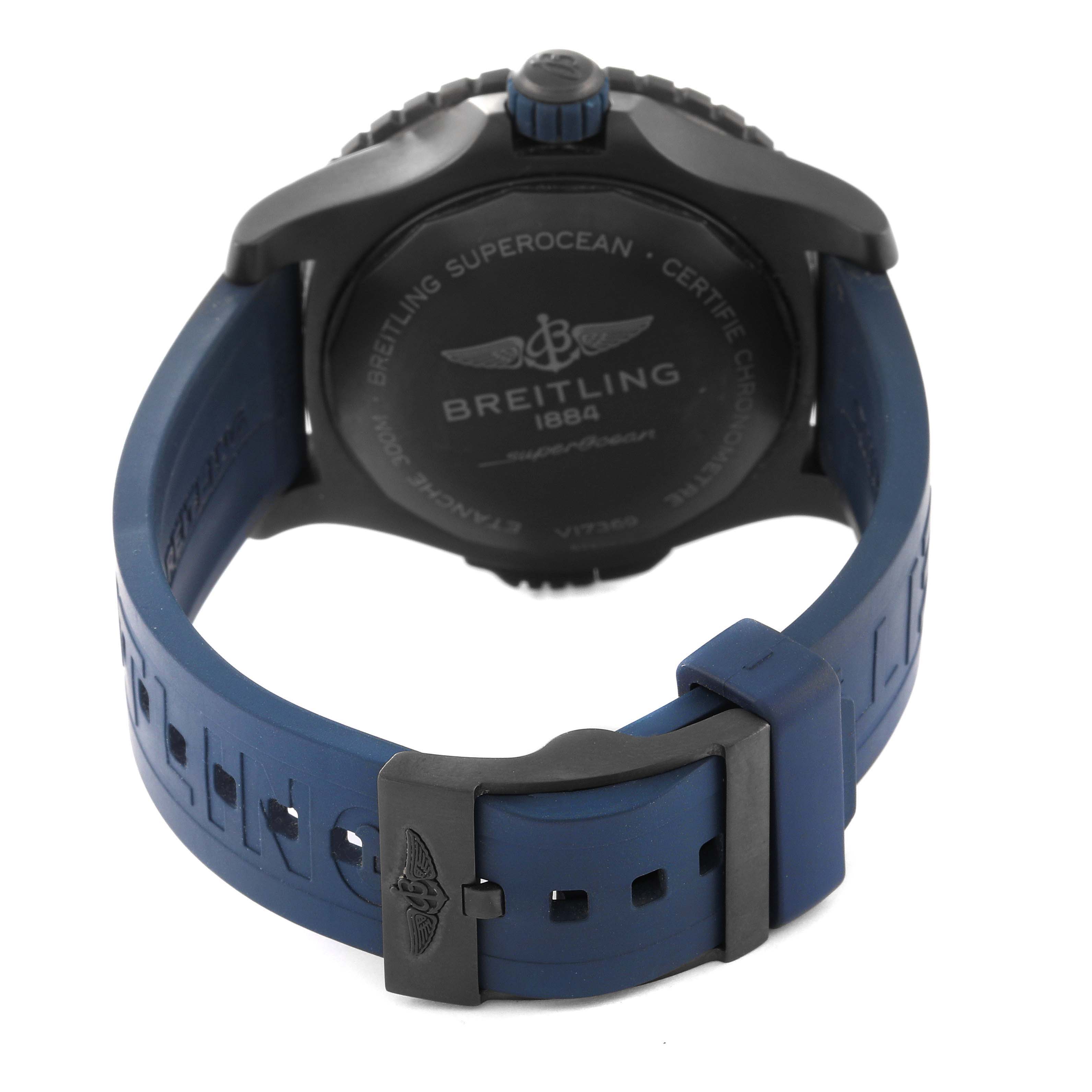 The image shows the back case and blue strap of a Breitling Superocean V17369 Men's Titanium Blue Dial V17369 Men's Titanium Blue Dial watch.