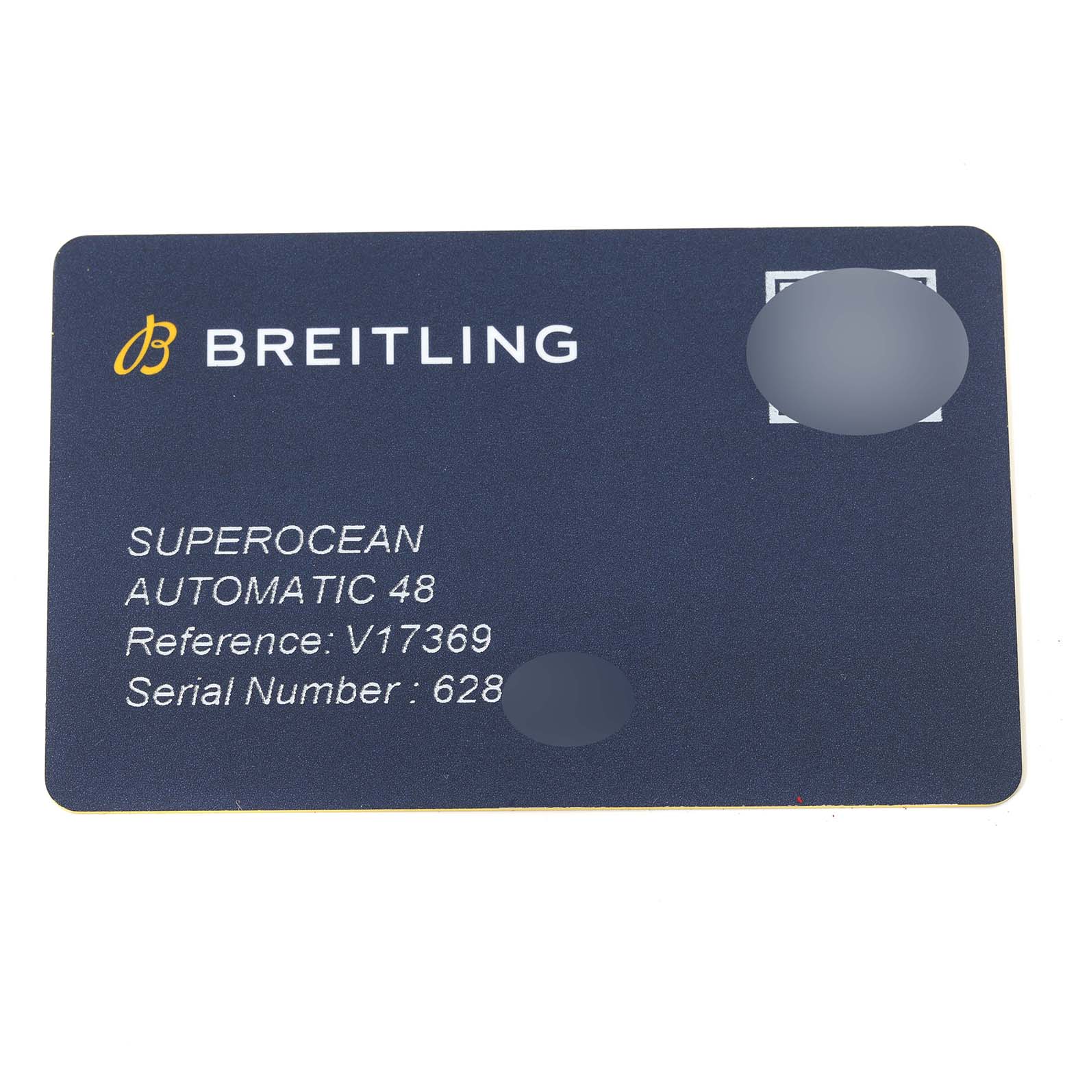 The image shows a warranty card for the Breitling Superocean V17369 Men's Titanium Blue Dial V17369 Men's Titanium Blue Dial Automatic 48 model, displaying reference and serial numbers.