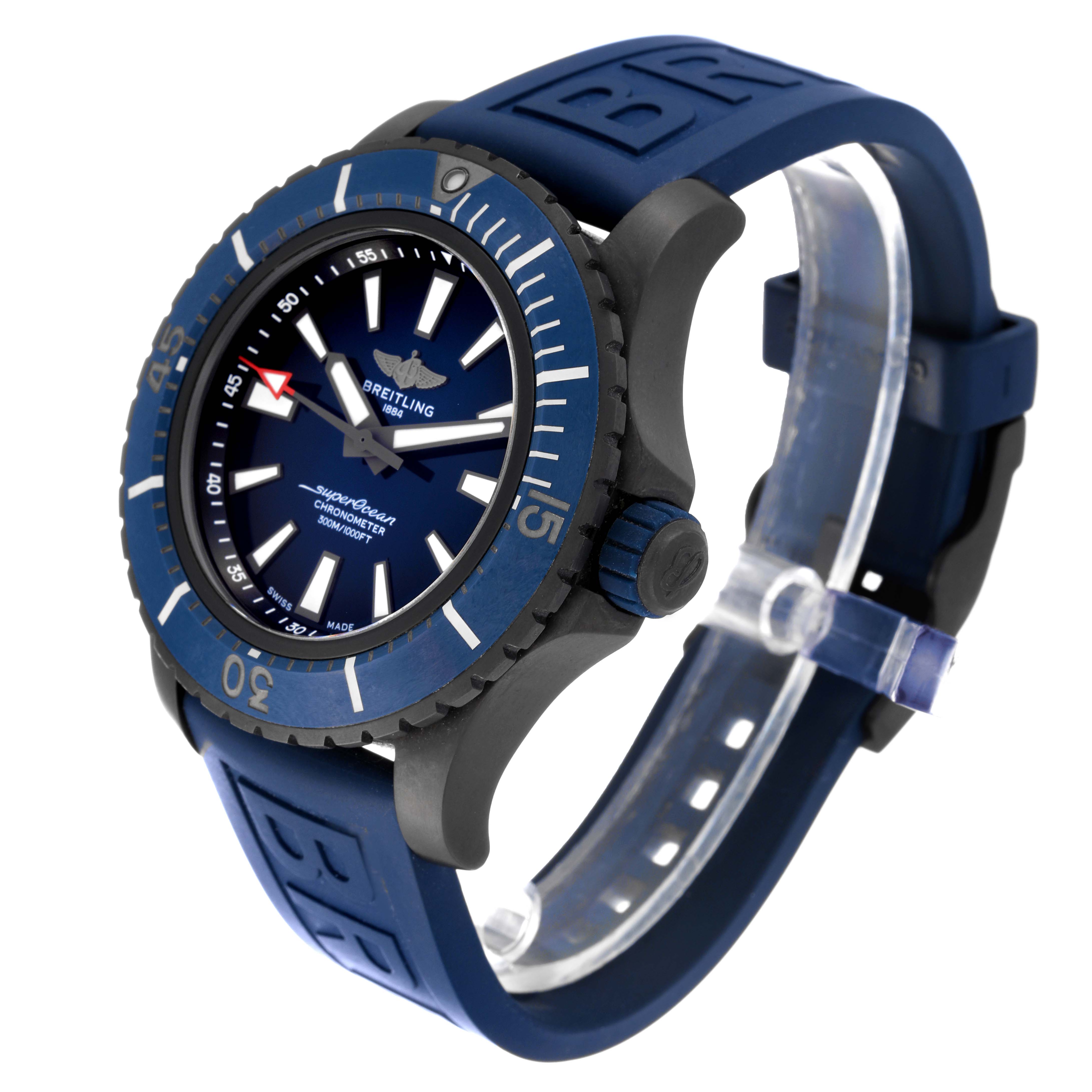 The image shows a side and front angle of the Breitling Superocean V17369 Men's Titanium Blue Dial V17369 Men's Titanium Blue Dial watch, highlighting the blue bezel, dial, and strap.