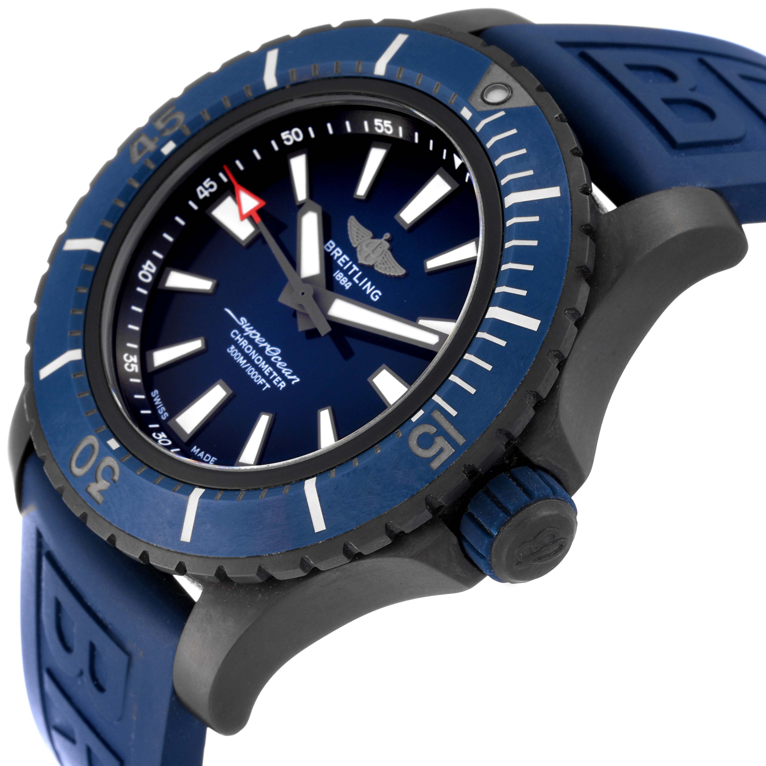The image shows a close-up side angle of a Breitling Superocean V17369 Men's Titanium Blue Dial V17369 Men's Titanium Blue Dial watch, highlighting the bezel, crown, and part of the strap.