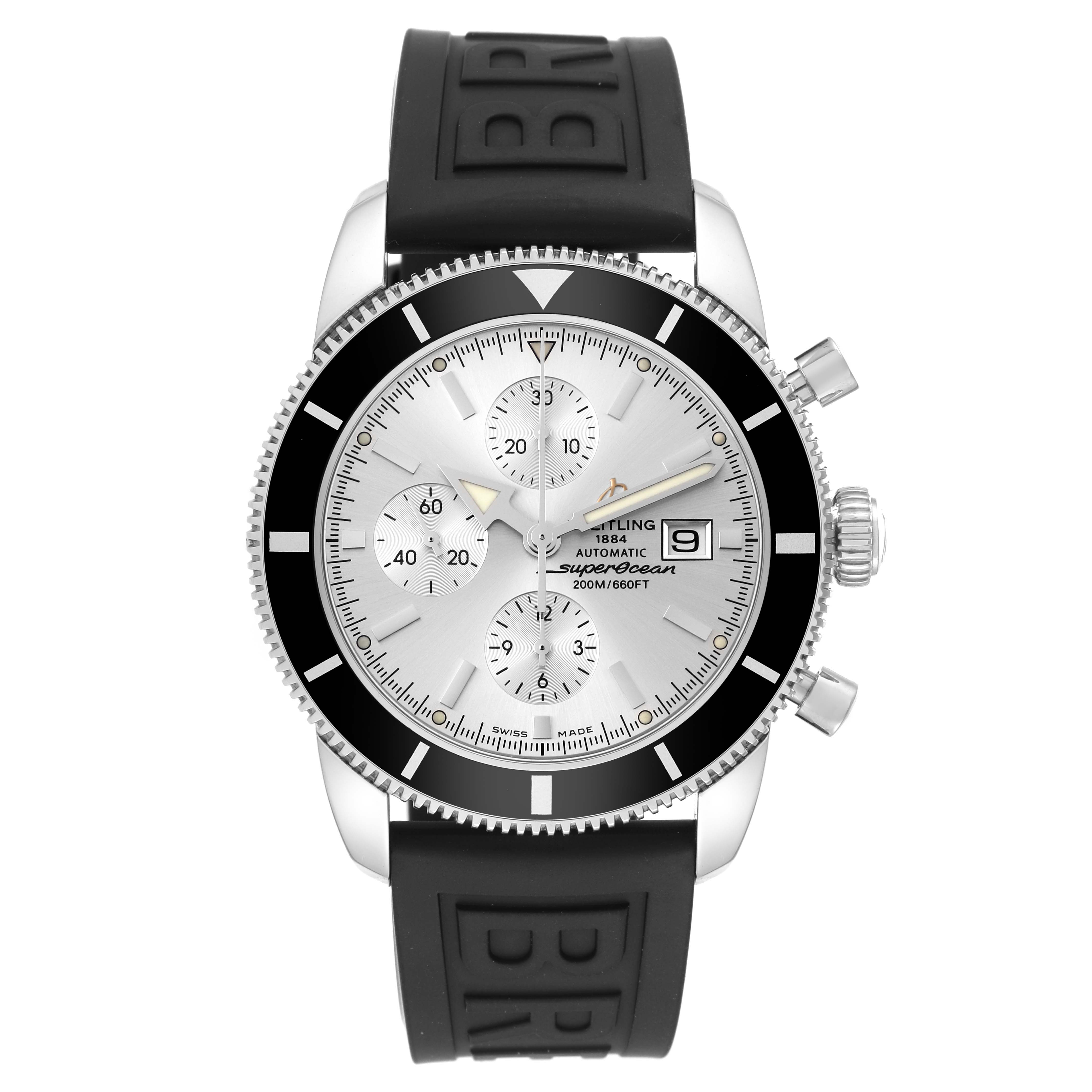This image shows a front view of a Breitling Superocean A13320 Men's Stainless Steel Silver Dial A13320 Men's Stainless Steel Silver Dial watch with a silver dial and black rubber strap.