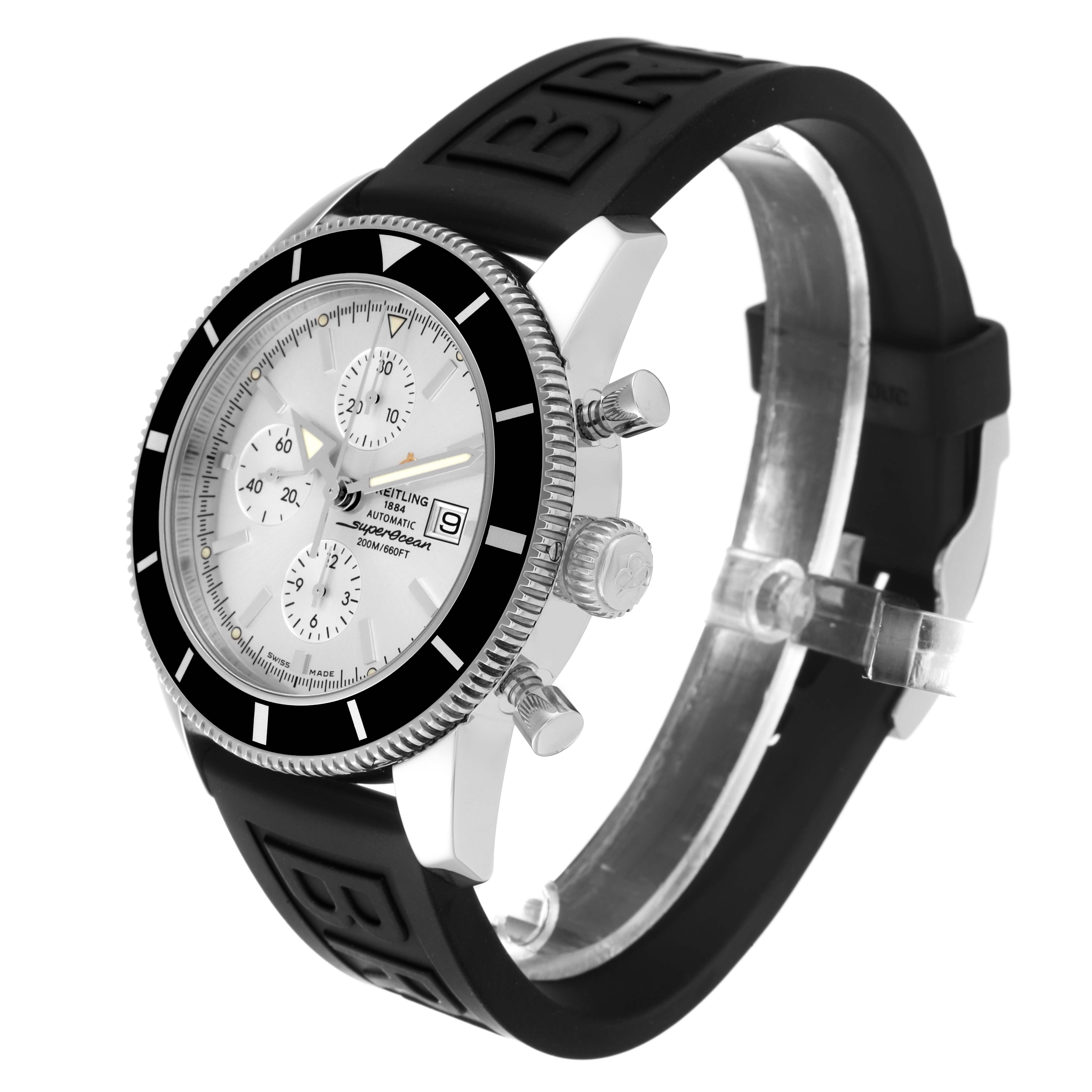 This Breitling Superocean A13320 Men's Stainless Steel Silver Dial A13320 Men's Stainless Steel Silver Dial watch is shown at a side angle, featuring its dial, bezel, crown, pushers, and rubber strap.
